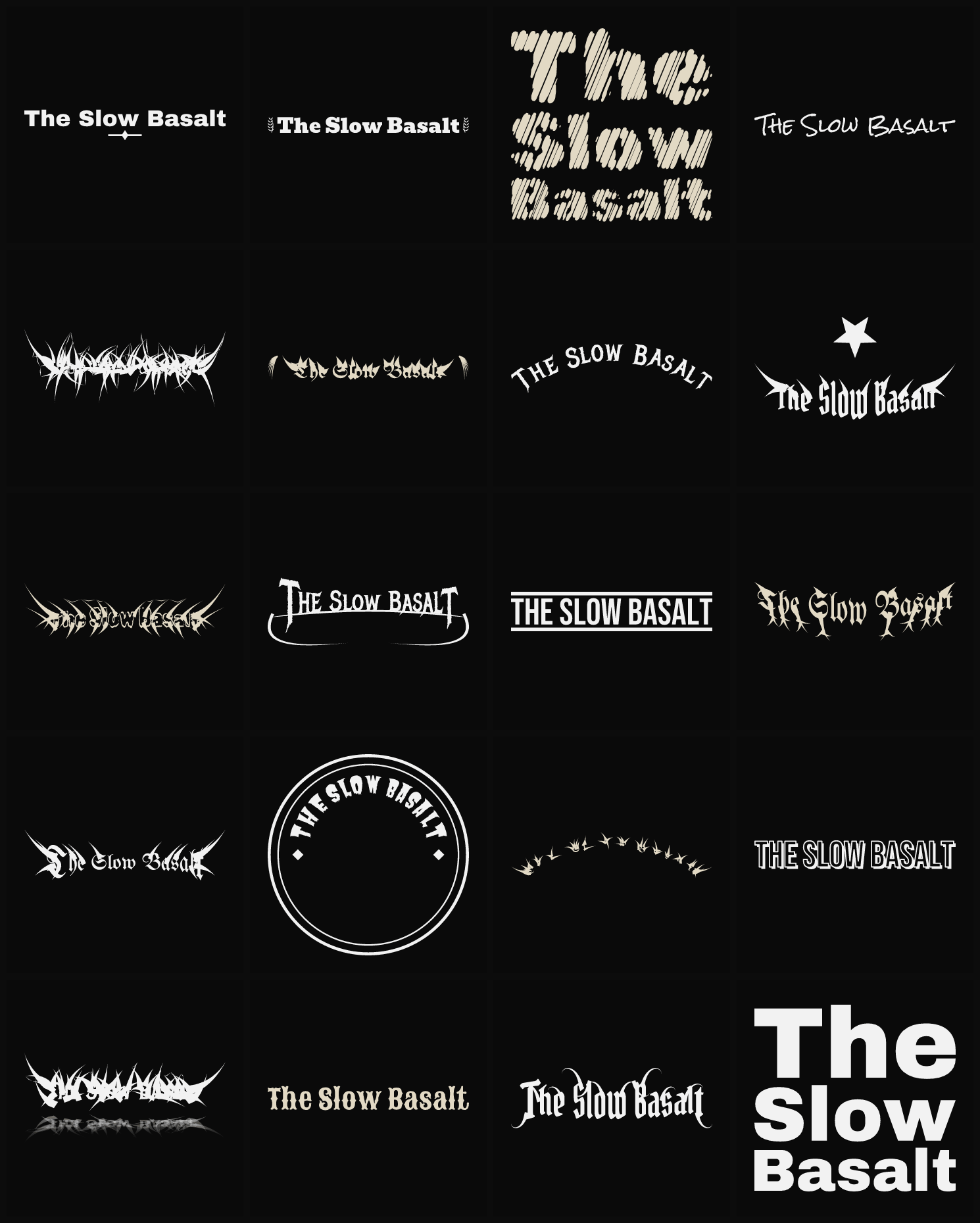 Twenty The Slow Basalt band logo ideas — different faces, treatments and spike settings