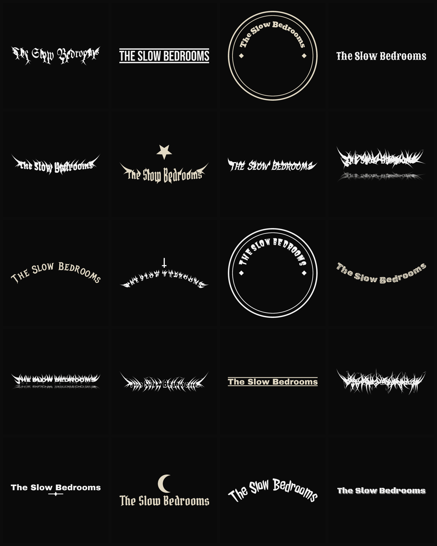 Twenty The Slow Bedrooms band logo ideas — different faces, treatments and spike settings