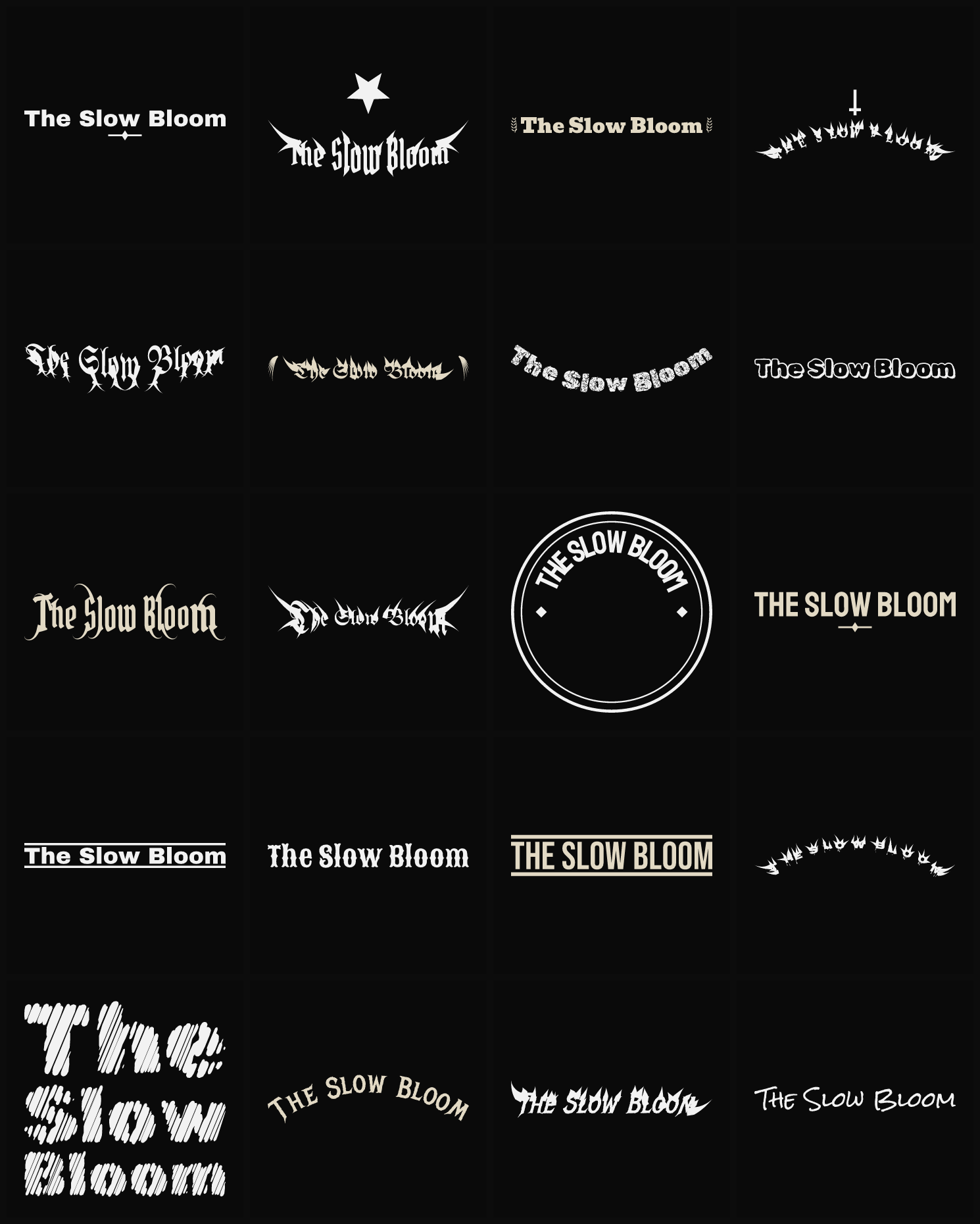 Twenty The Slow Bloom band logo ideas — different faces, treatments and spike settings
