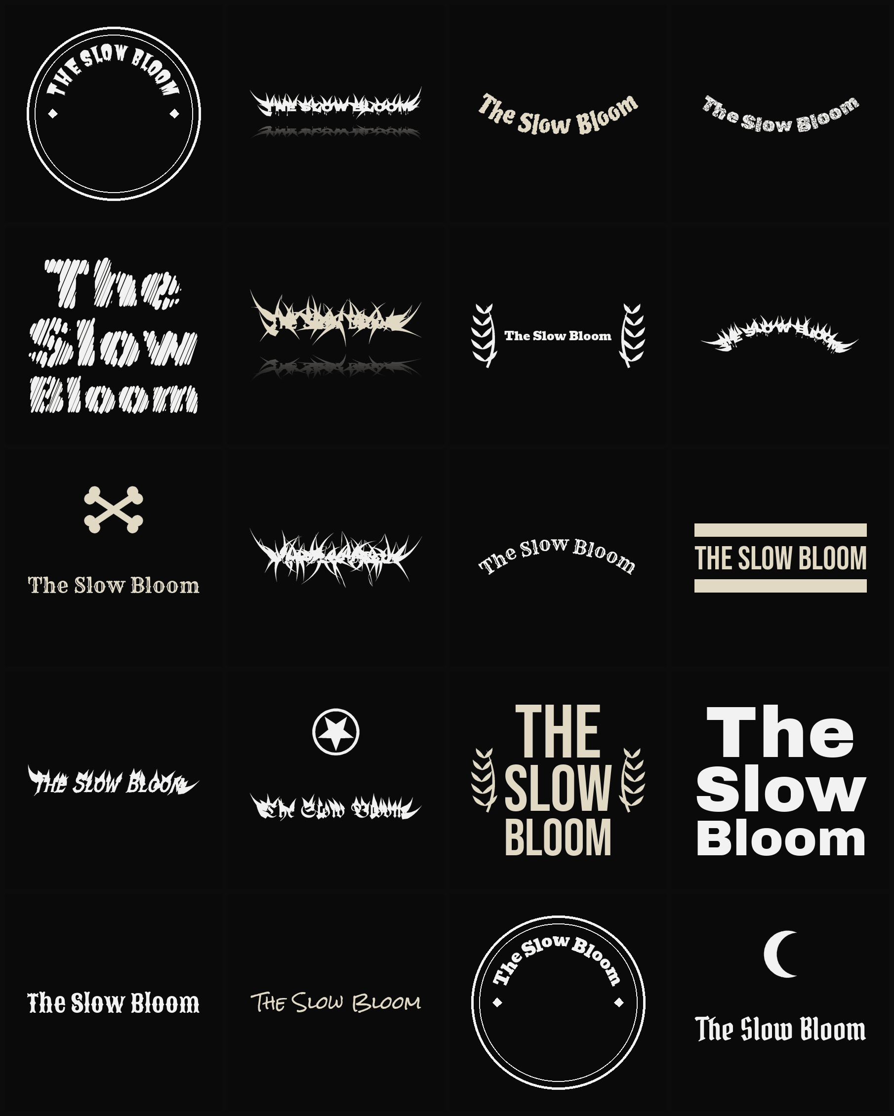 Twenty The Slow Bloom band logo ideas — different faces, treatments and spike settings
