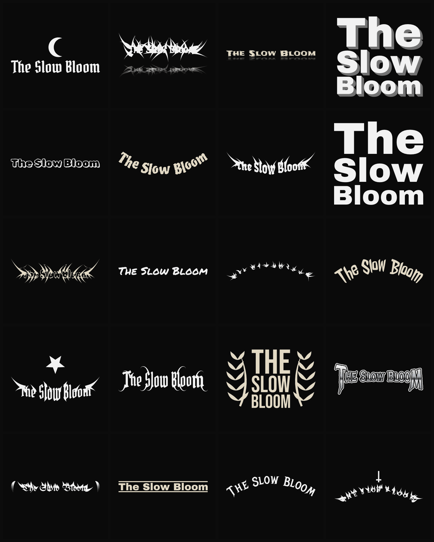 Twenty The Slow Bloom band logo ideas — different faces, treatments and spike settings