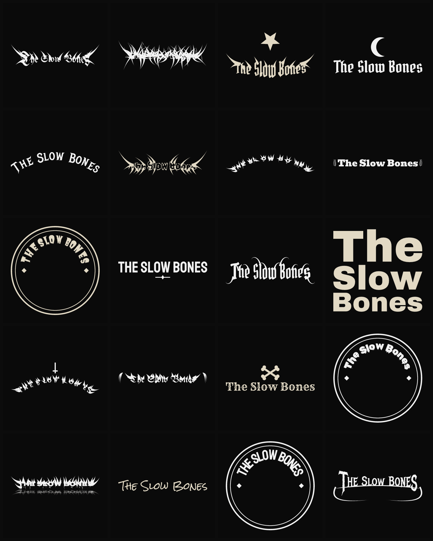 Twenty The Slow Bones band logo ideas — different faces, treatments and spike settings