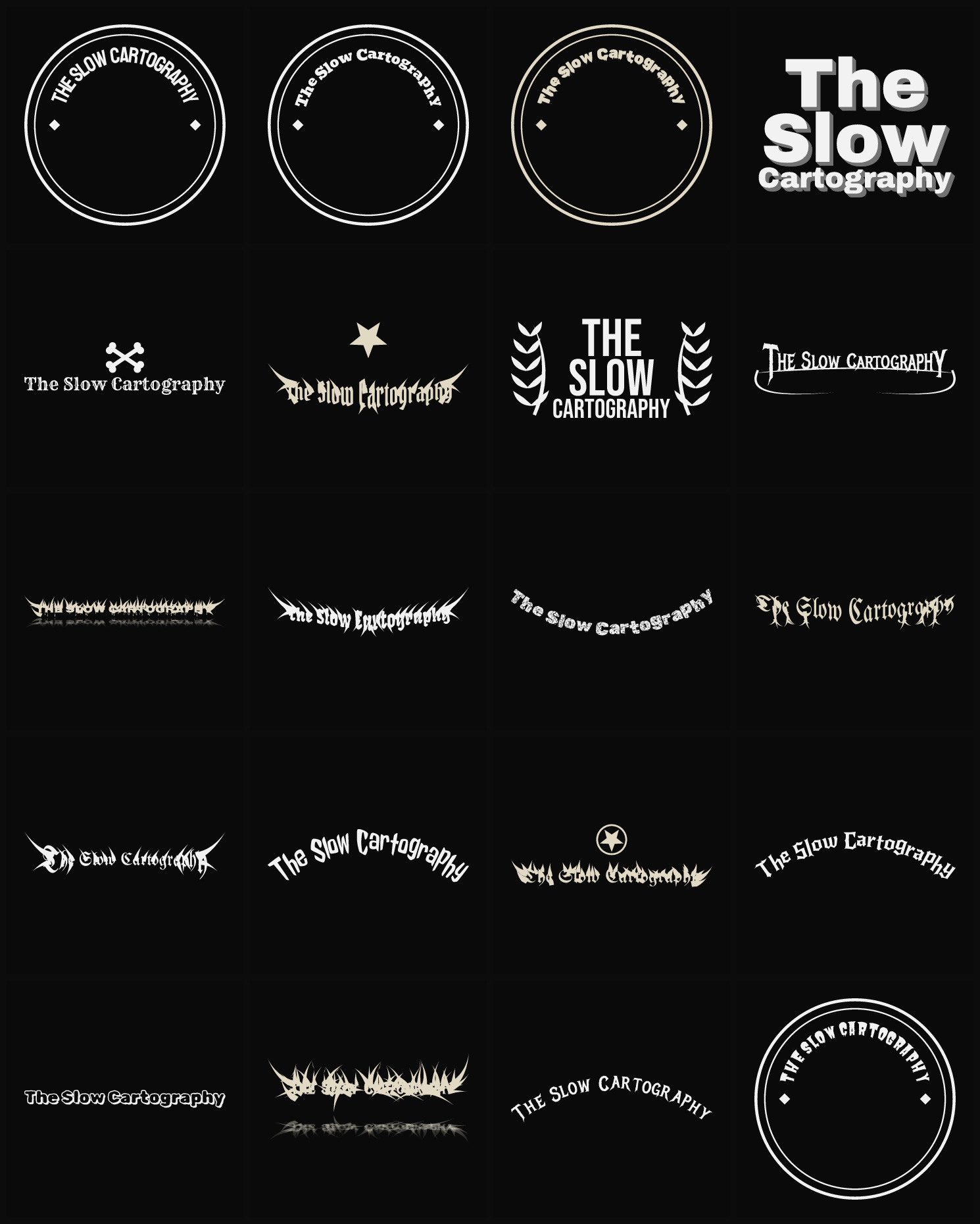 Twenty The Slow Cartography band logo ideas — different faces, treatments and spike settings