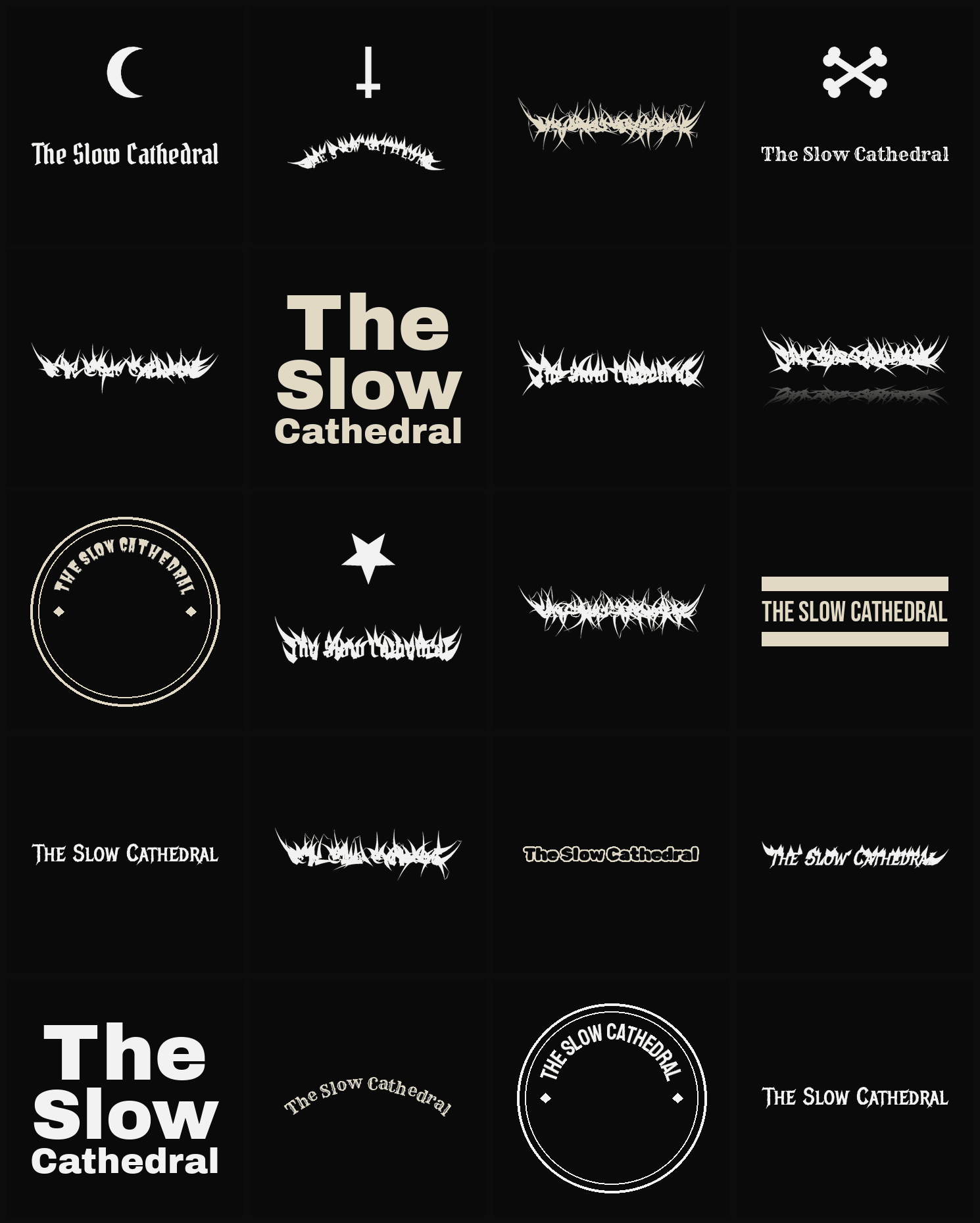 Twenty The Slow Cathedral band logo ideas — different faces, treatments and spike settings