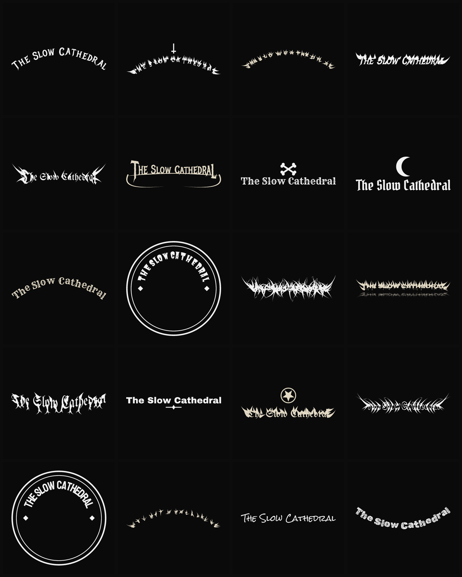 Twenty The Slow Cathedral band logo ideas — different faces, treatments and spike settings