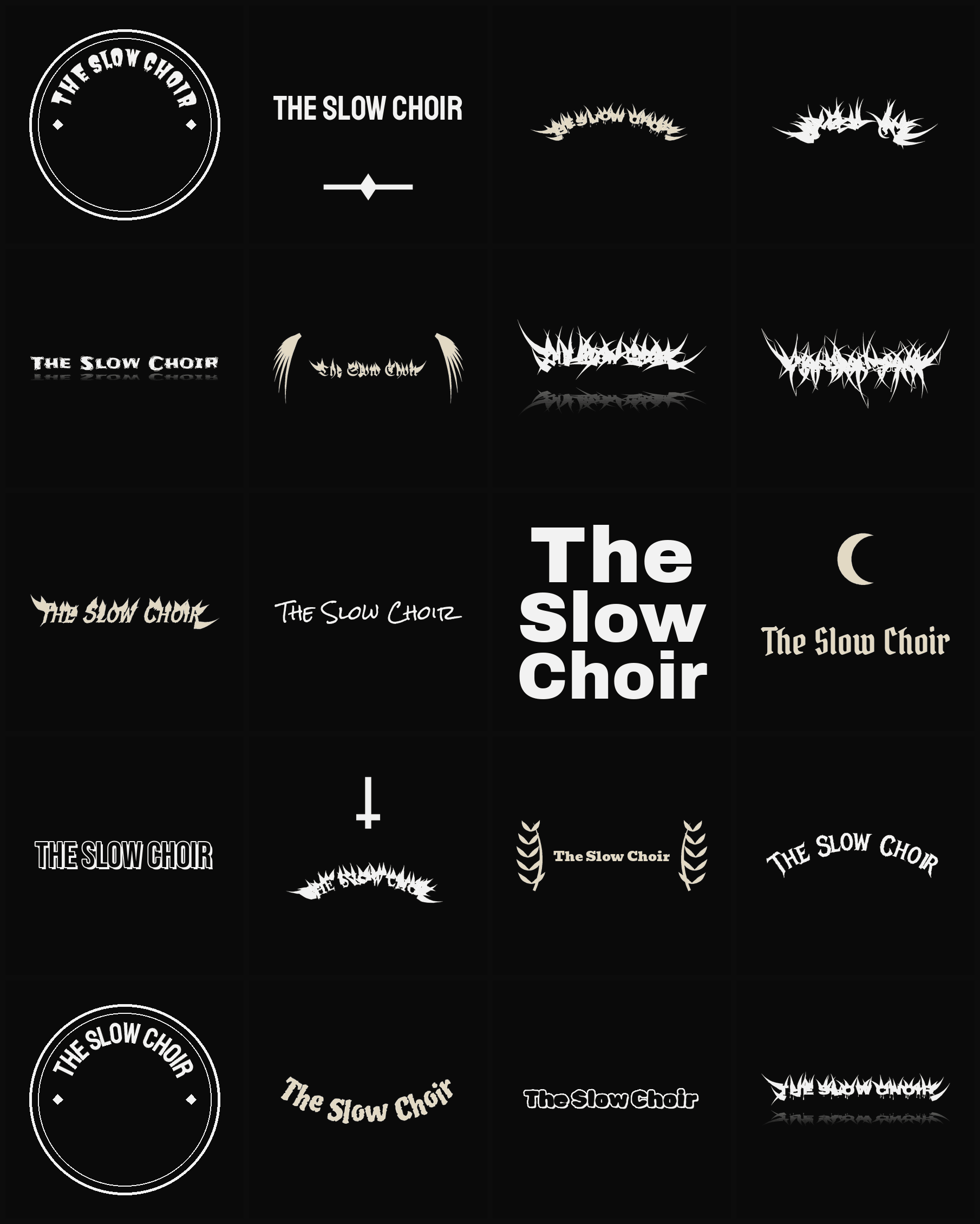 Twenty The Slow Choir band logo ideas — different faces, treatments and spike settings