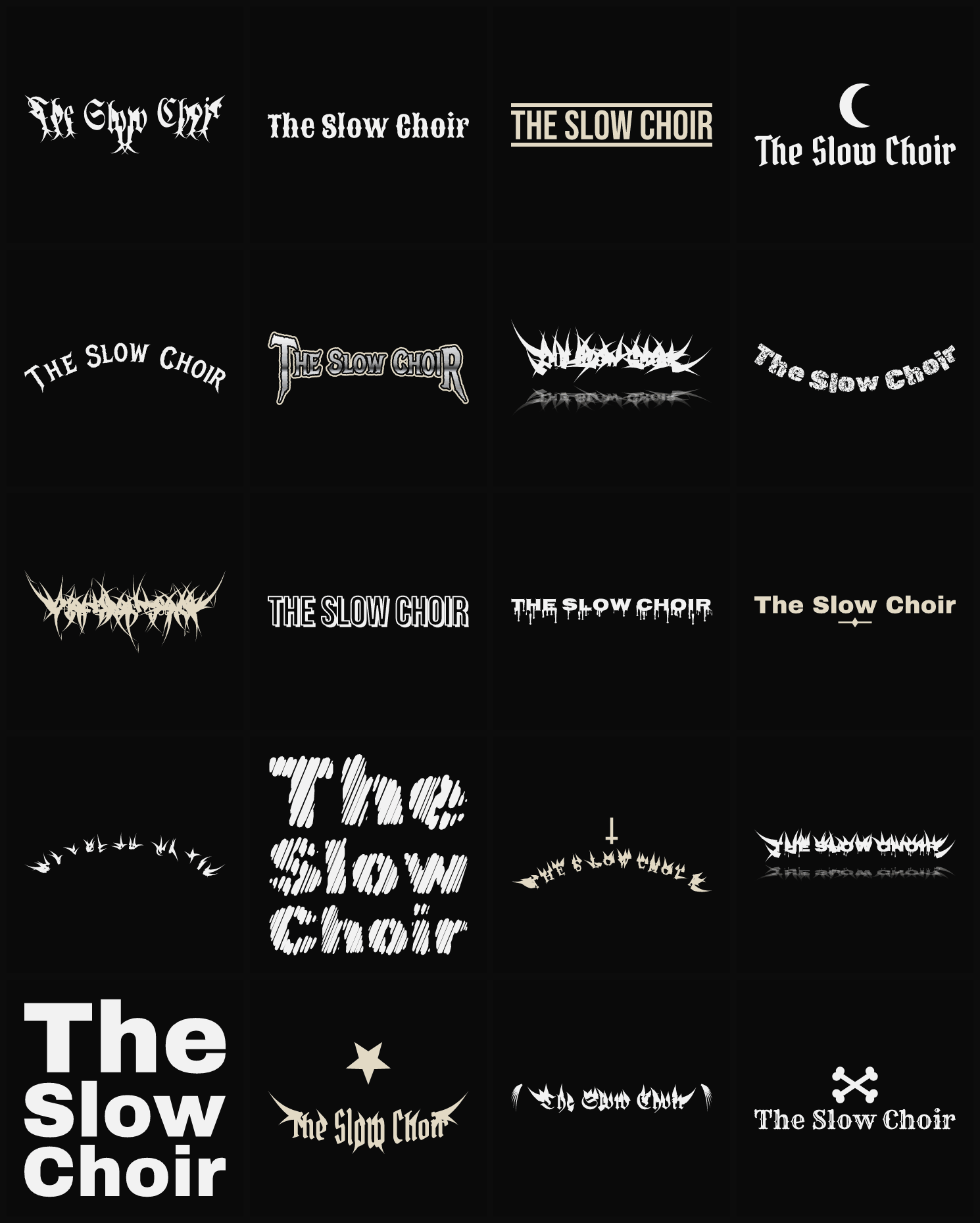 Twenty The Slow Choir band logo ideas — different faces, treatments and spike settings