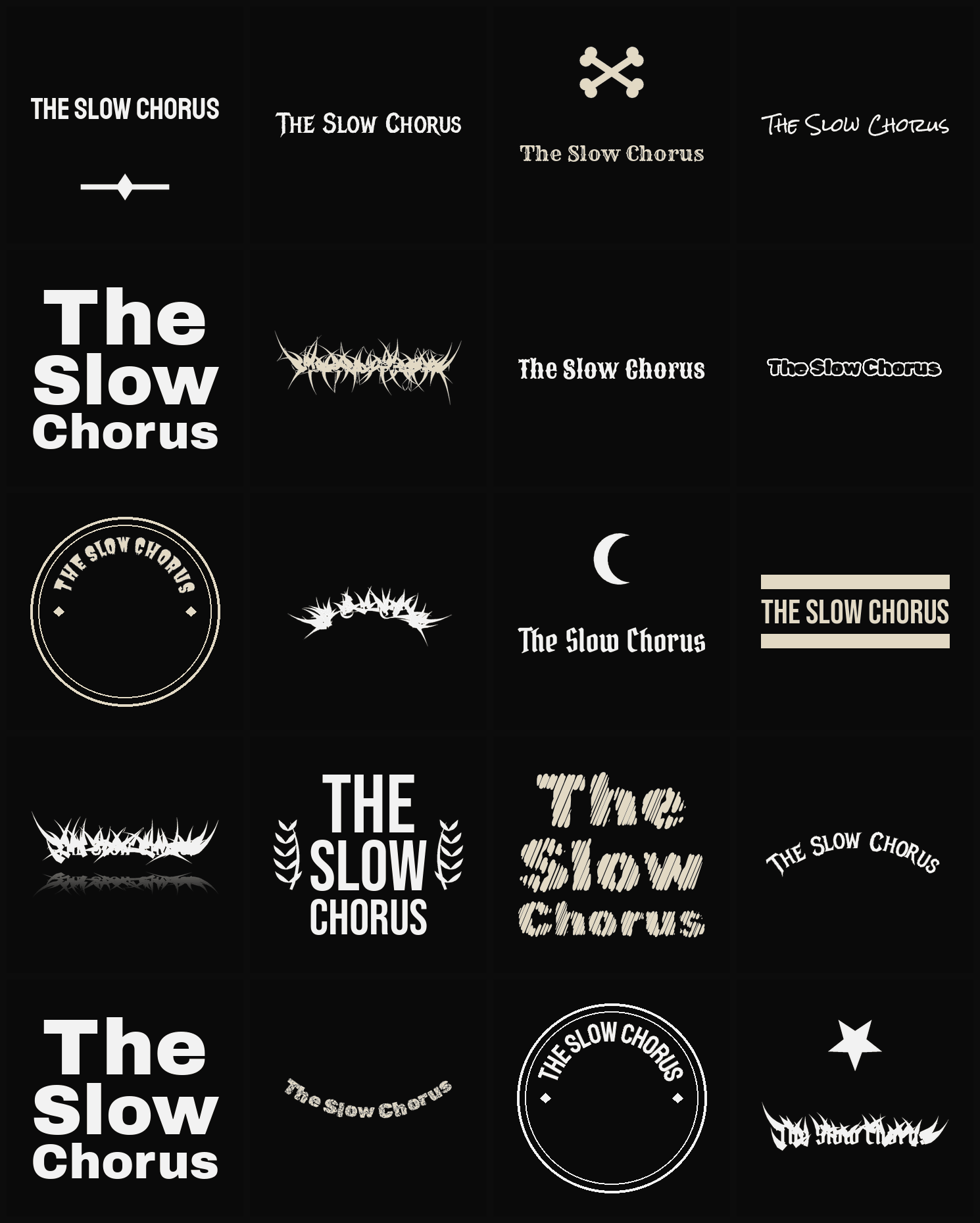 Twenty The Slow Chorus band logo ideas — different faces, treatments and spike settings