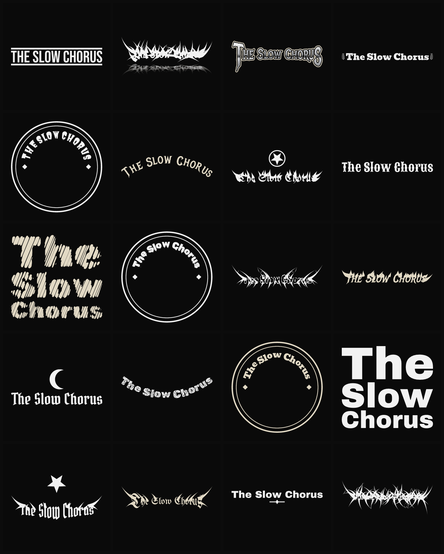 Twenty The Slow Chorus band logo ideas — different faces, treatments and spike settings