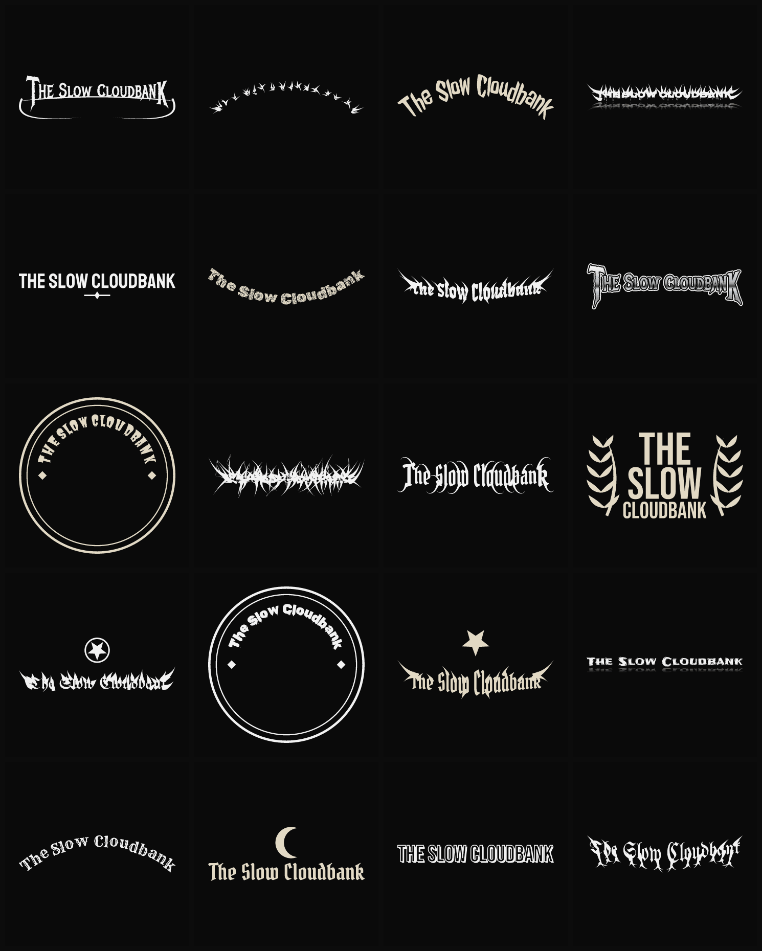 Twenty The Slow Cloudbank band logo ideas — different faces, treatments and spike settings