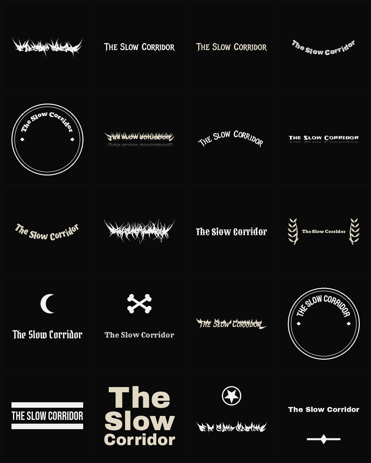 Twenty The Slow Corridor band logo ideas — different faces, treatments and spike settings