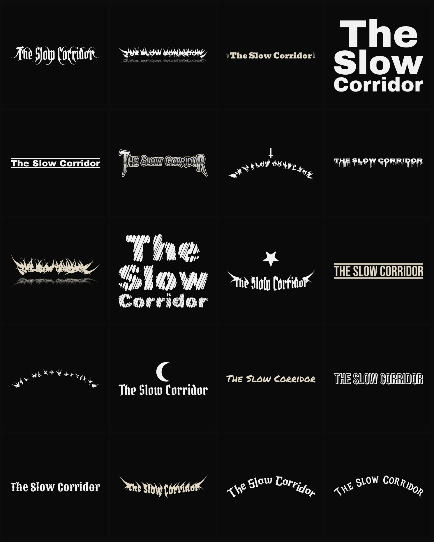 Twenty The Slow Corridor band logo ideas — different faces, treatments and spike settings