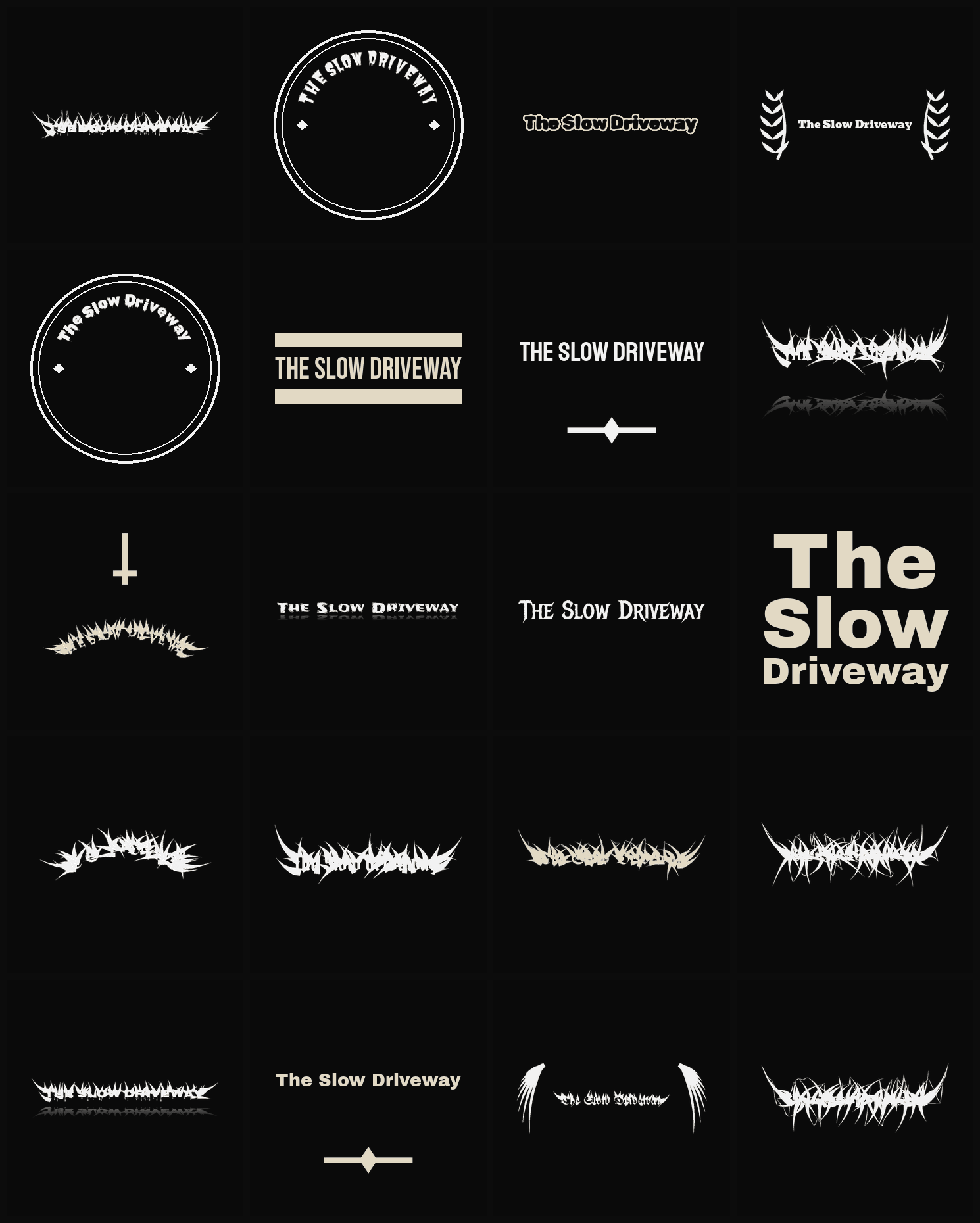 Twenty The Slow Driveway band logo ideas — different faces, treatments and spike settings
