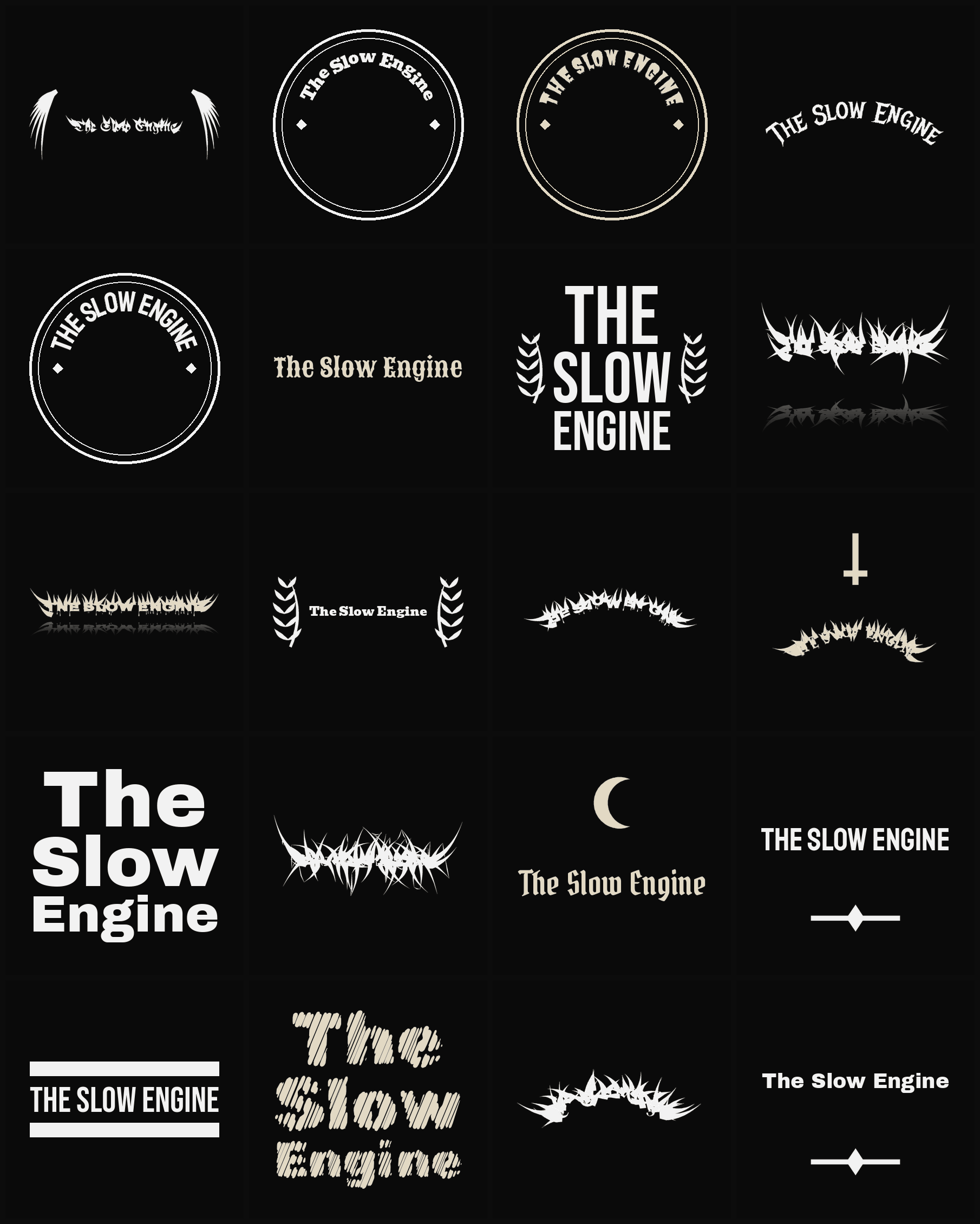 Twenty The Slow Engine band logo ideas — different faces, treatments and spike settings