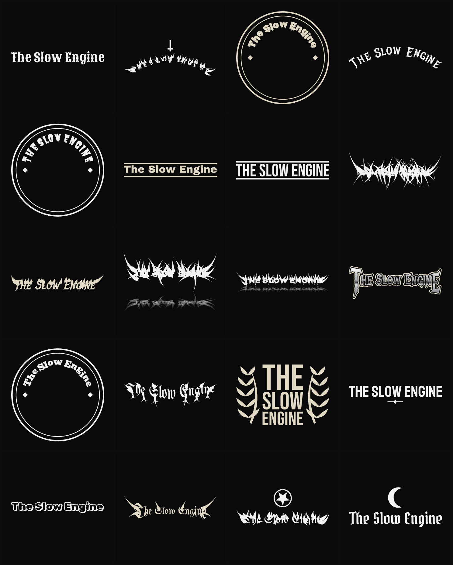 Twenty The Slow Engine band logo ideas — different faces, treatments and spike settings