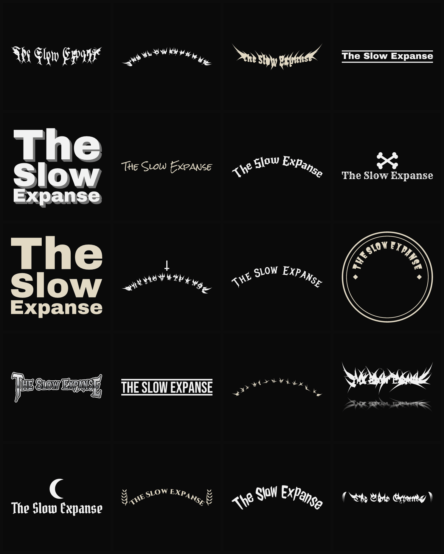 Twenty The Slow Expanse band logo ideas — different faces, treatments and spike settings