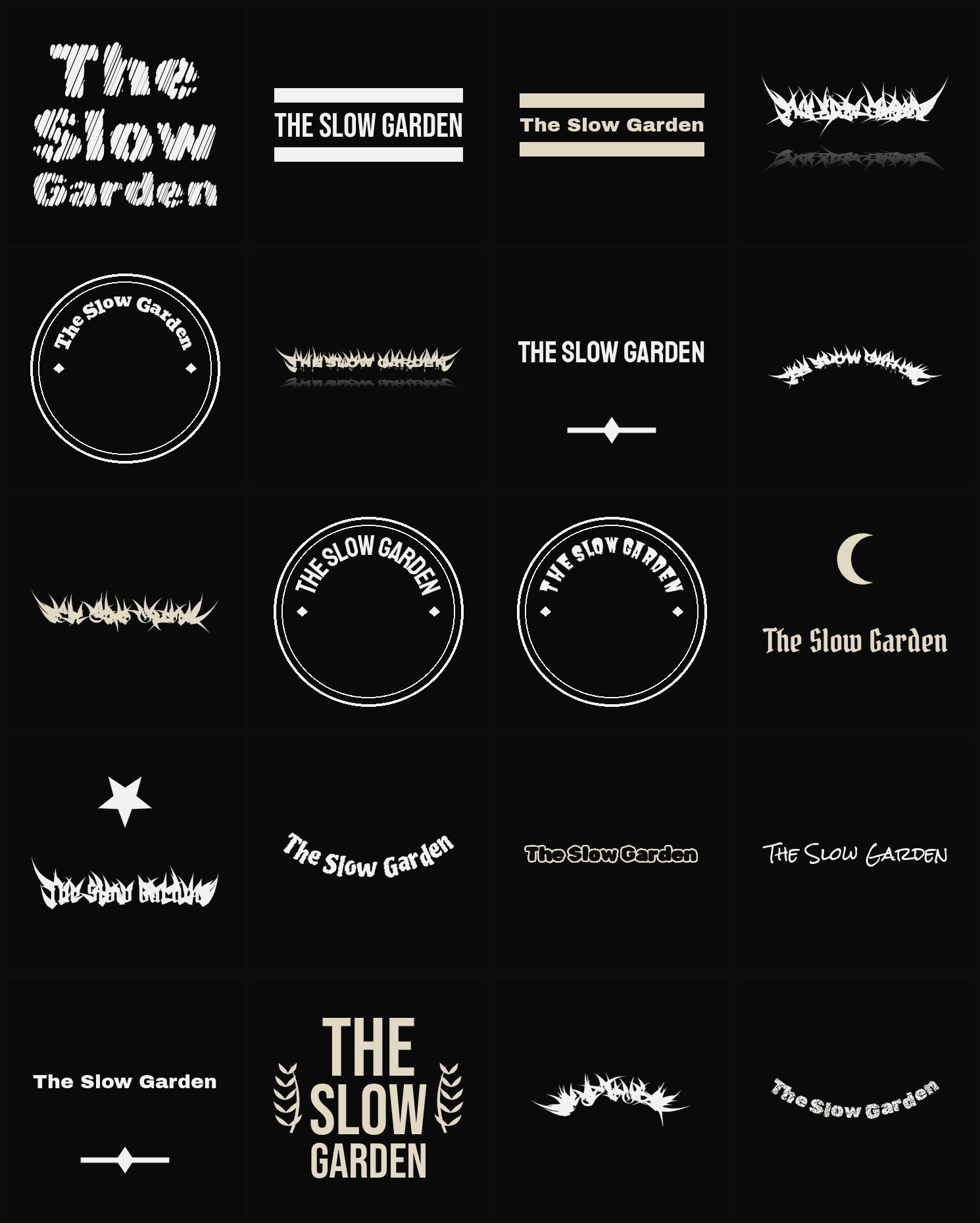 Twenty The Slow Garden band logo ideas — different faces, treatments and spike settings