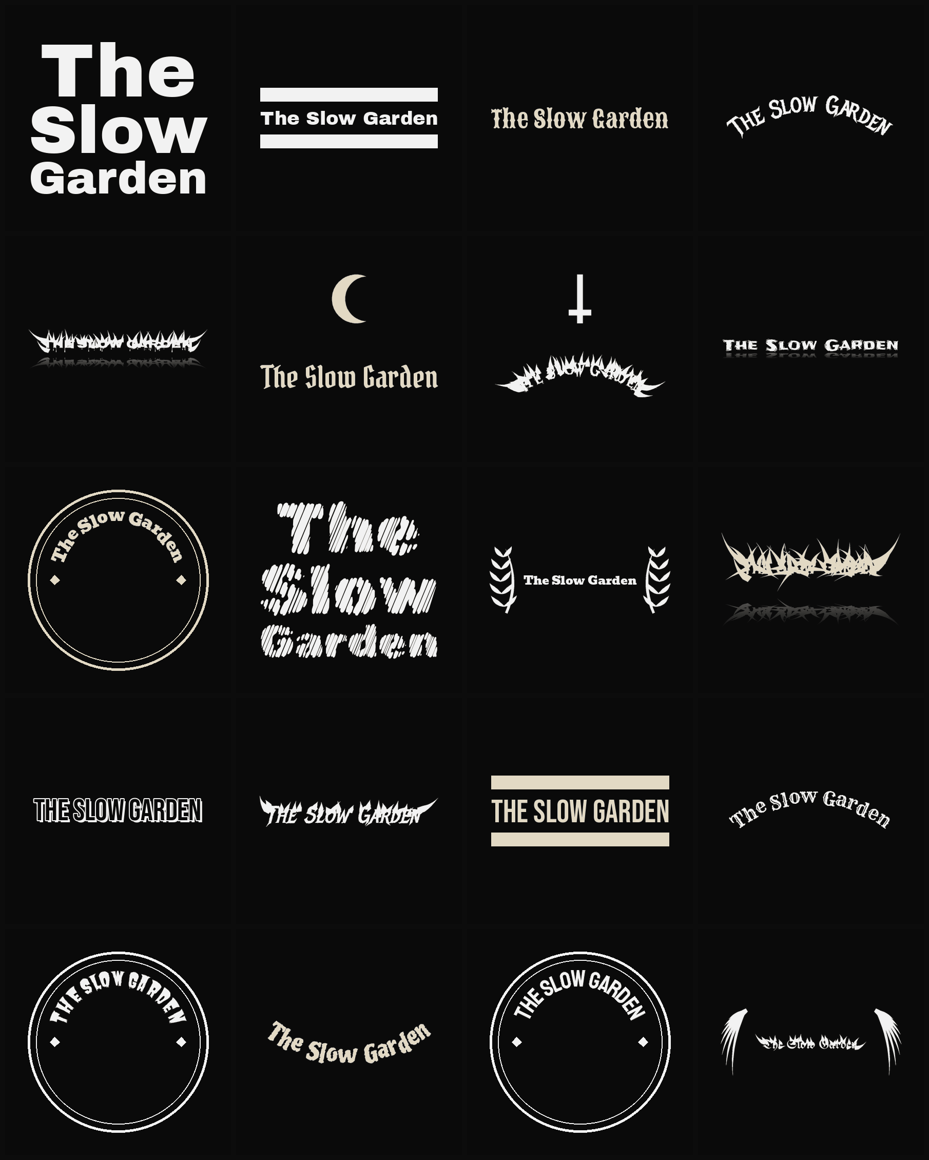 Twenty The Slow Garden band logo ideas — different faces, treatments and spike settings