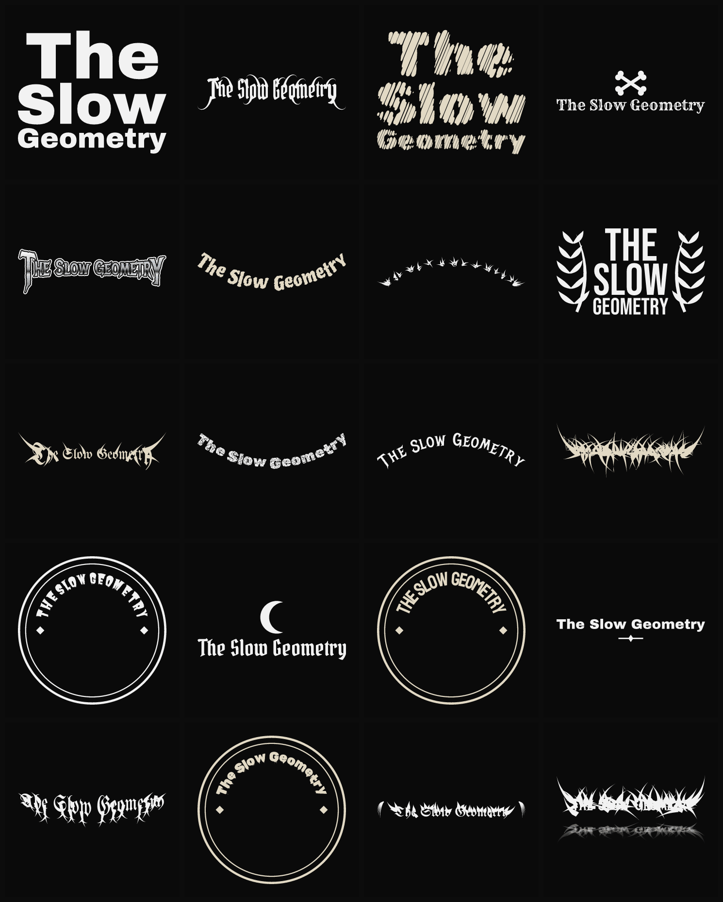 Twenty The Slow Geometry band logo ideas — different faces, treatments and spike settings