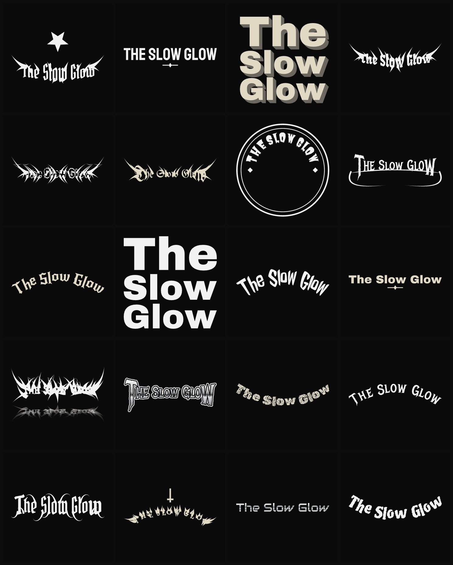Twenty The Slow Glow band logo ideas — different faces, treatments and spike settings