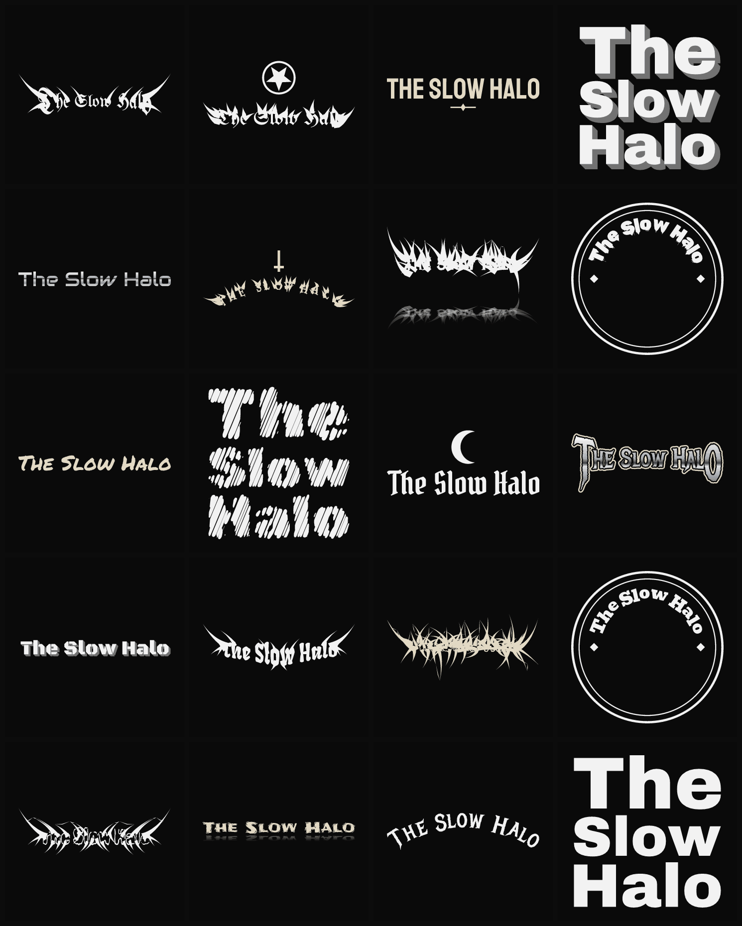 Twenty The Slow Halo band logo ideas — different faces, treatments and spike settings