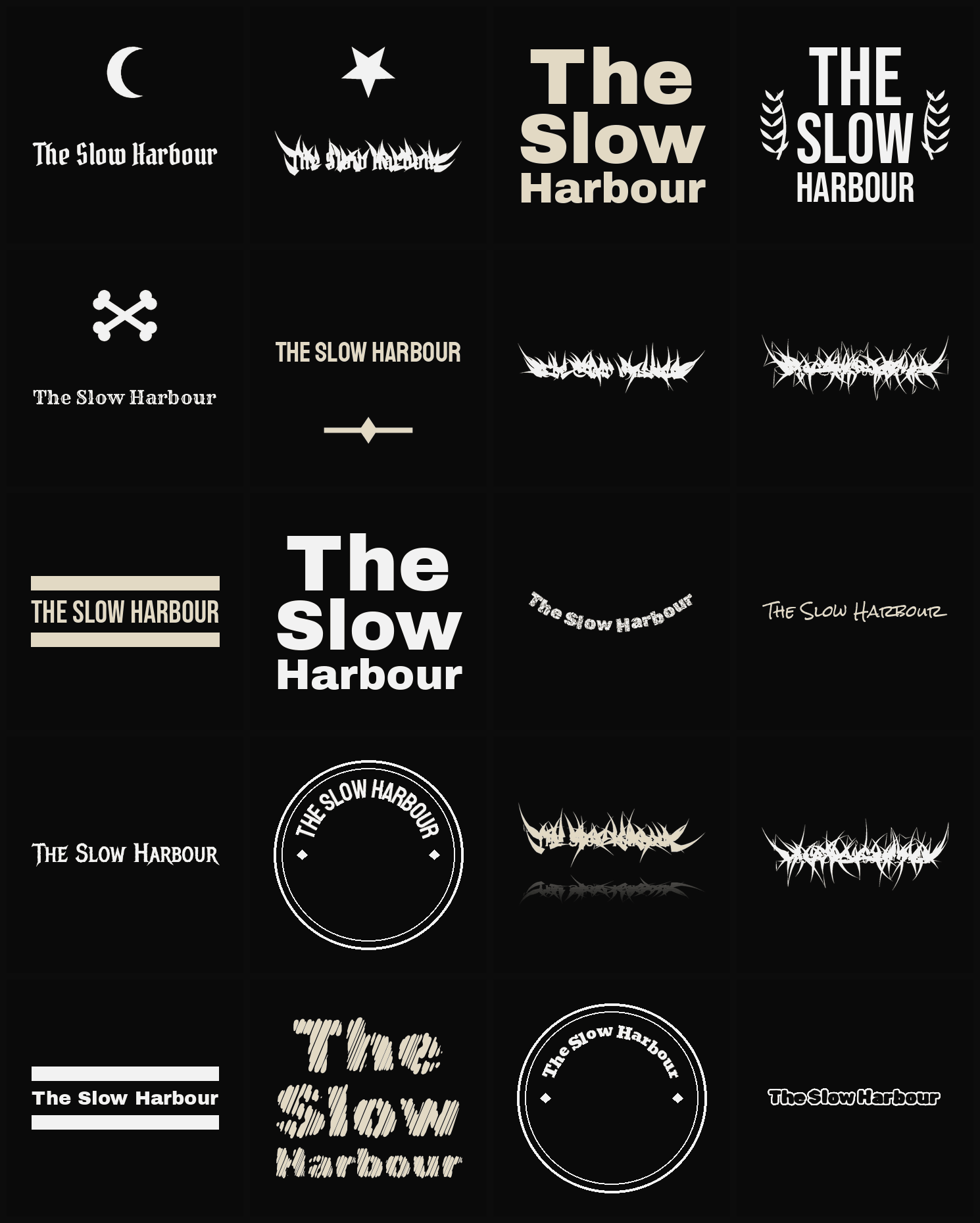 Twenty The Slow Harbour band logo ideas — different faces, treatments and spike settings