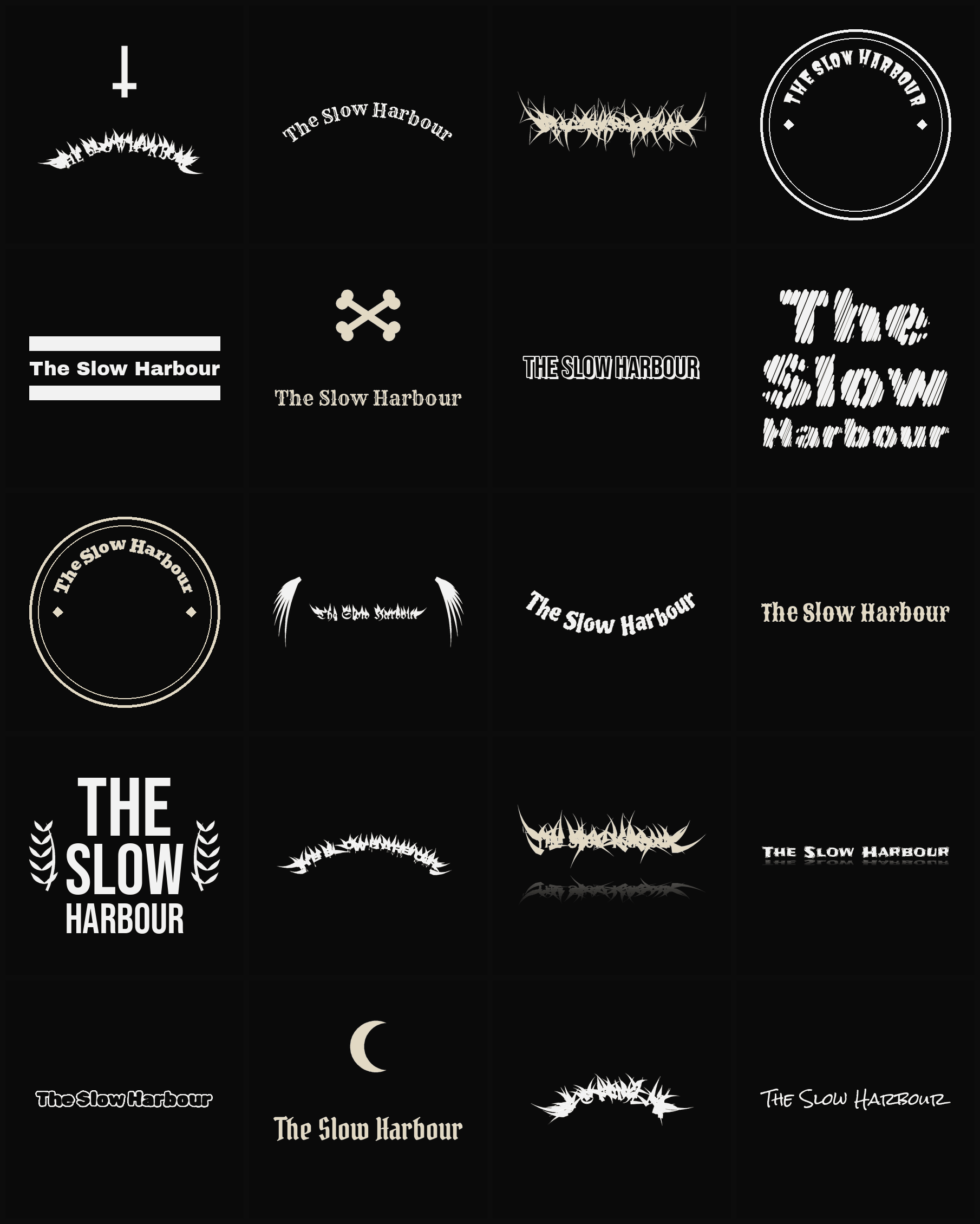 Twenty The Slow Harbour band logo ideas — different faces, treatments and spike settings