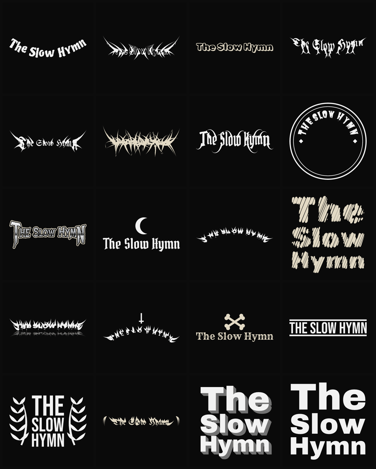 Twenty The Slow Hymn band logo ideas — different faces, treatments and spike settings