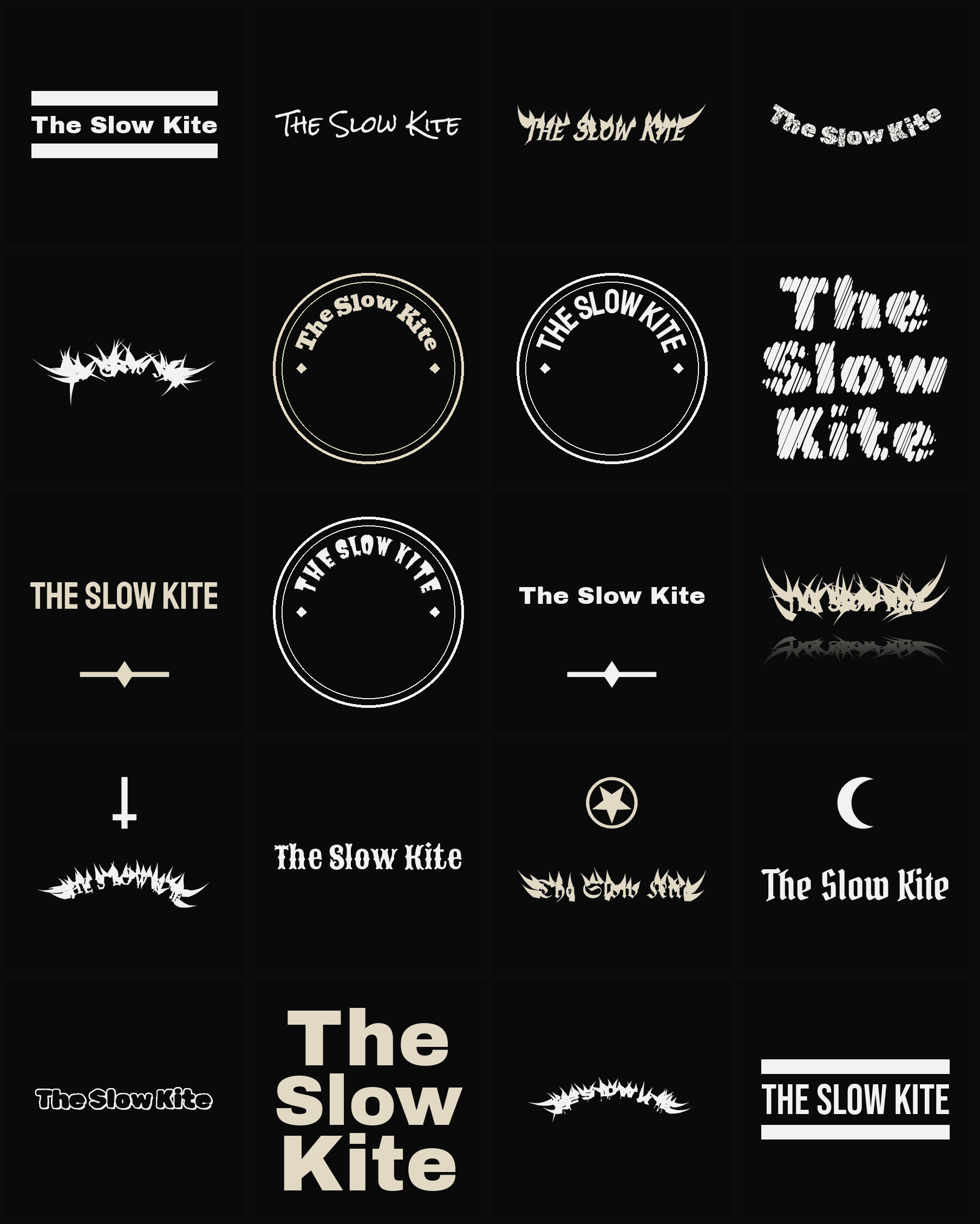Twenty The Slow Kite band logo ideas — different faces, treatments and spike settings