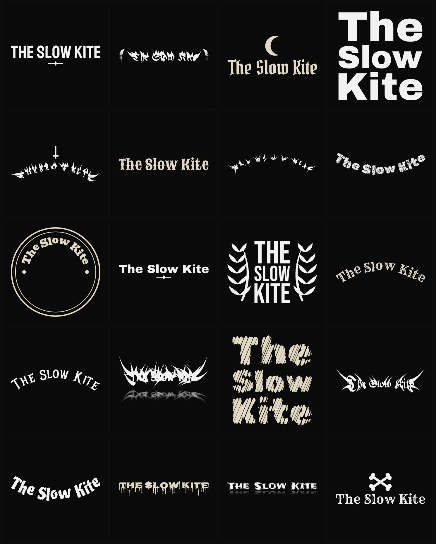 Twenty The Slow Kite band logo ideas — different faces, treatments and spike settings