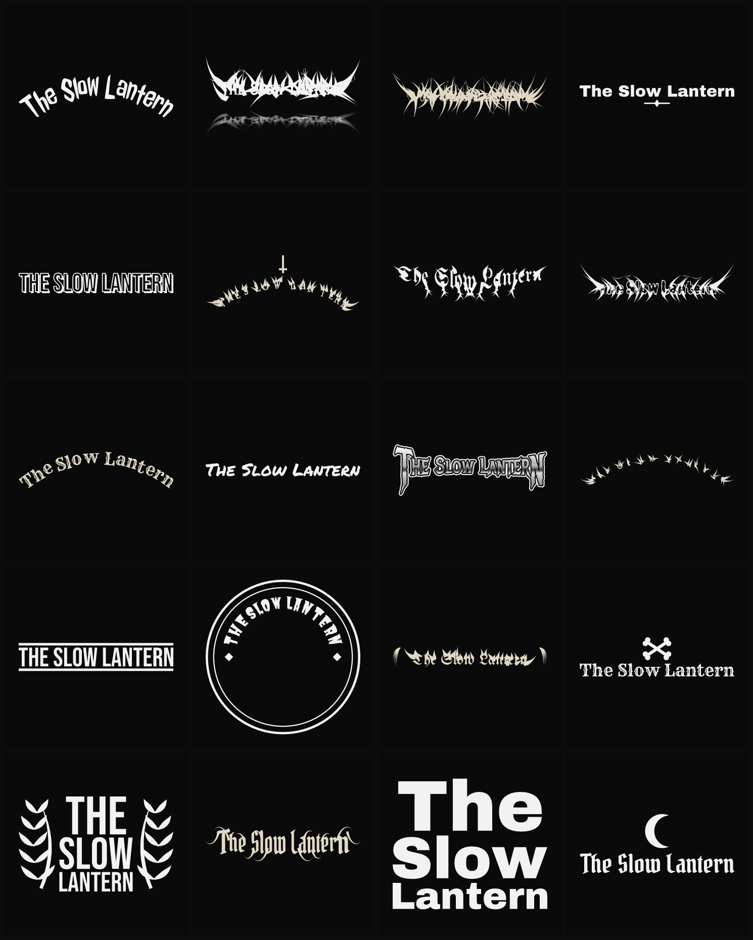 Twenty The Slow Lantern band logo ideas — different faces, treatments and spike settings