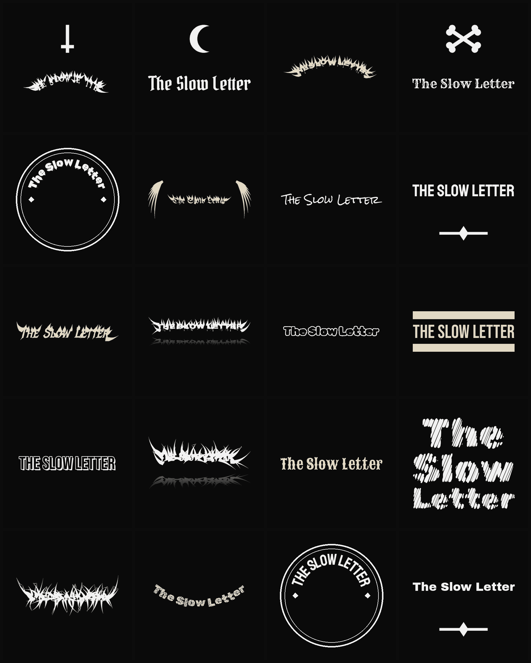 Twenty The Slow Letter band logo ideas — different faces, treatments and spike settings