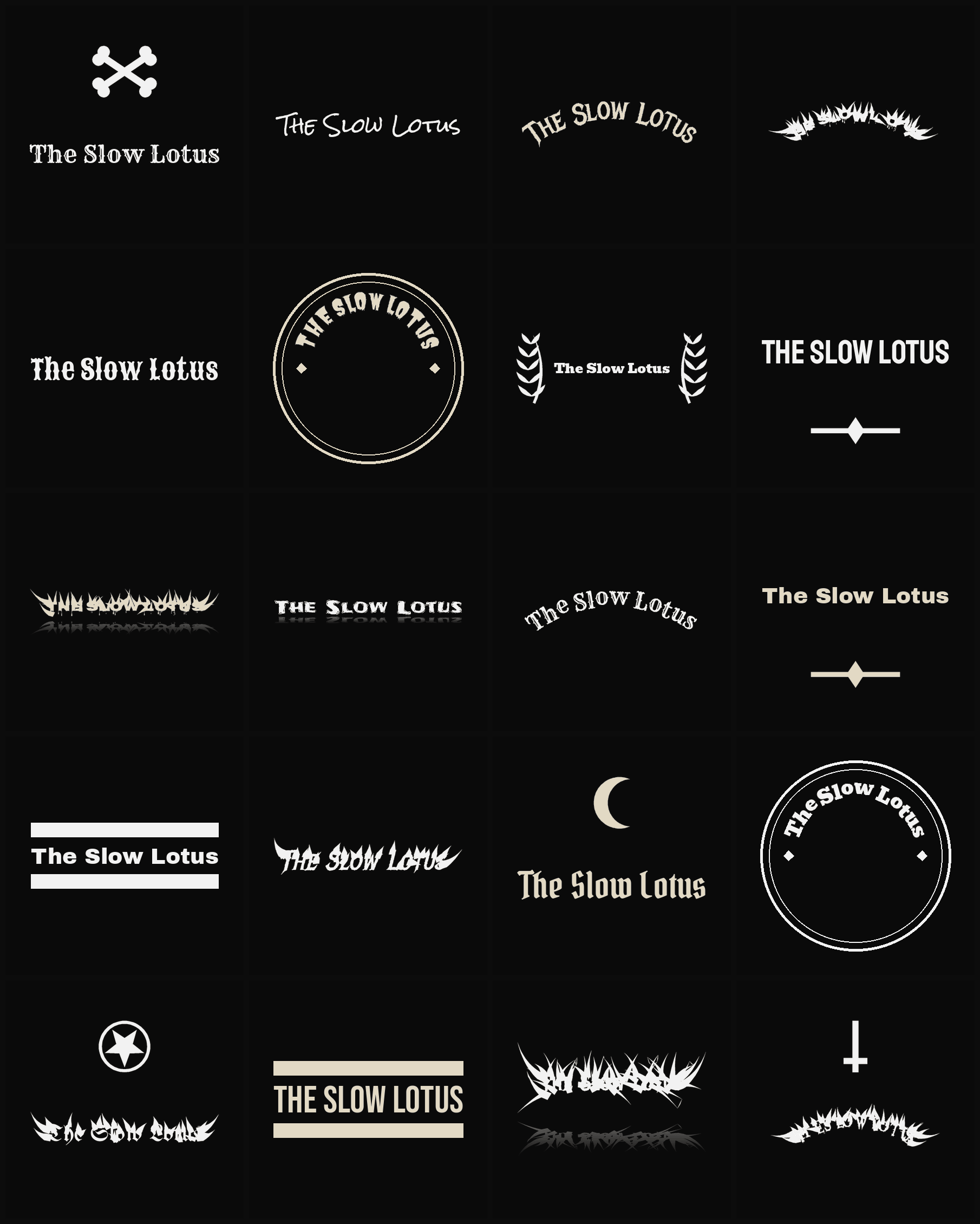Twenty The Slow Lotus band logo ideas — different faces, treatments and spike settings