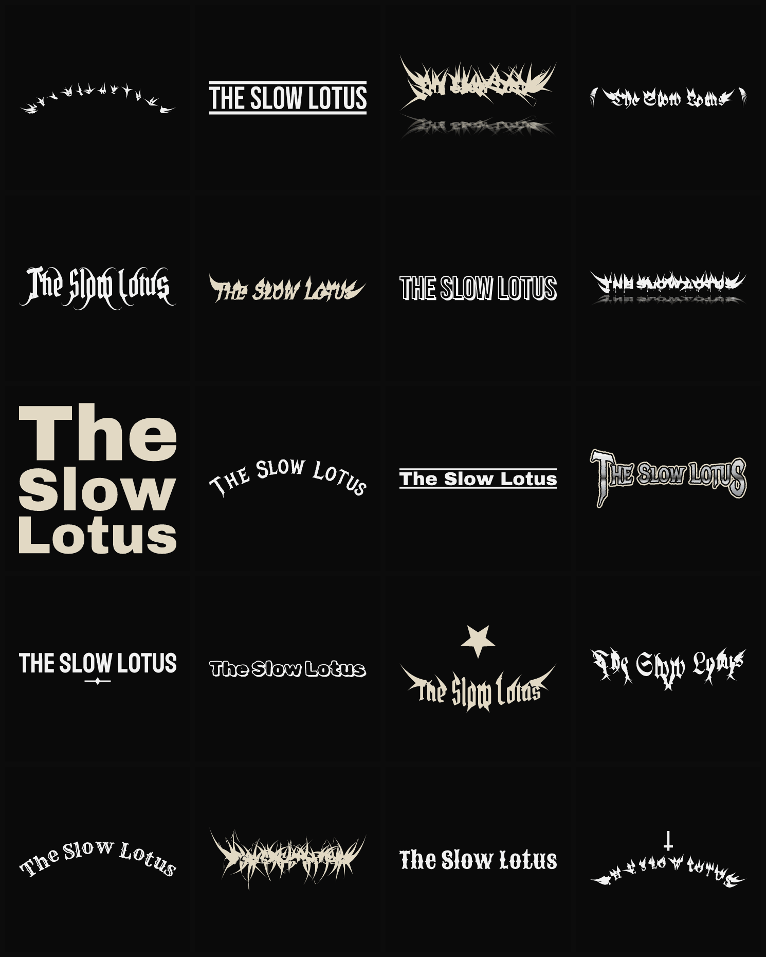 Twenty The Slow Lotus band logo ideas — different faces, treatments and spike settings