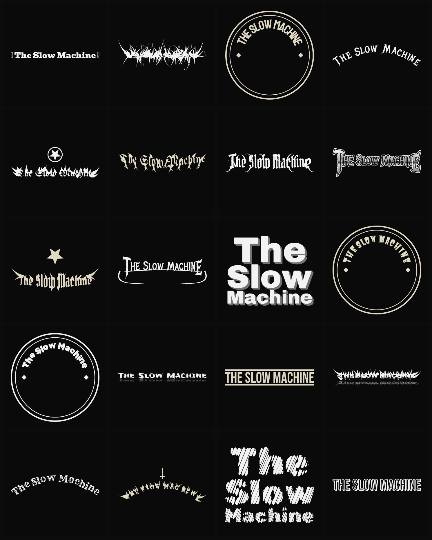 Twenty The Slow Machine band logo ideas — different faces, treatments and spike settings