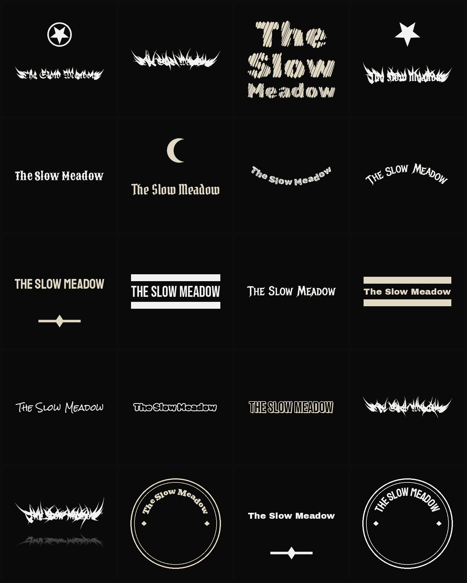 Twenty The Slow Meadow band logo ideas — different faces, treatments and spike settings