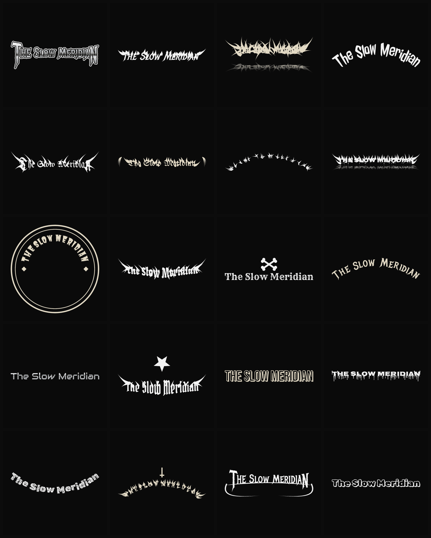 Twenty The Slow Meridian band logo ideas — different faces, treatments and spike settings