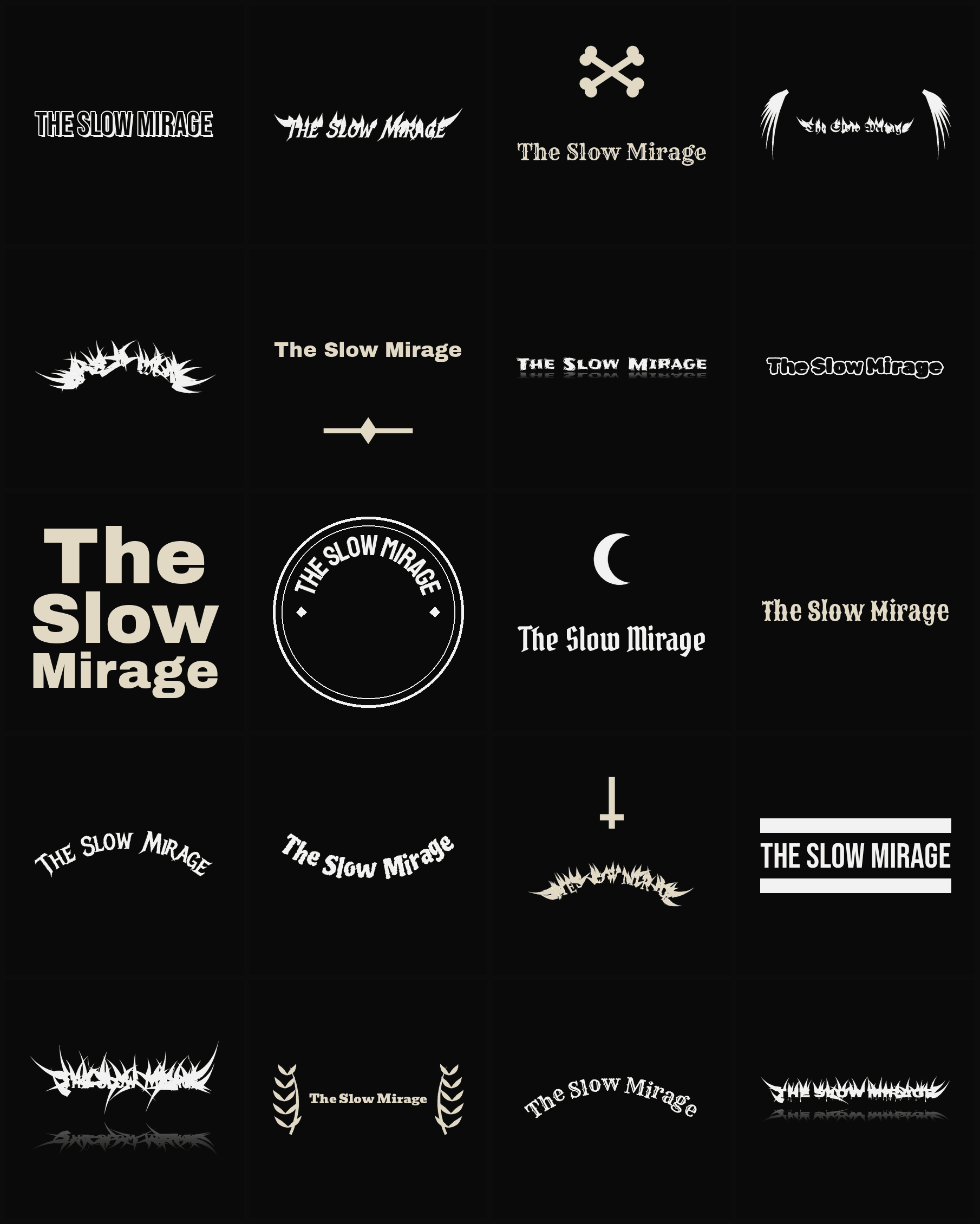 Twenty The Slow Mirage band logo ideas — different faces, treatments and spike settings