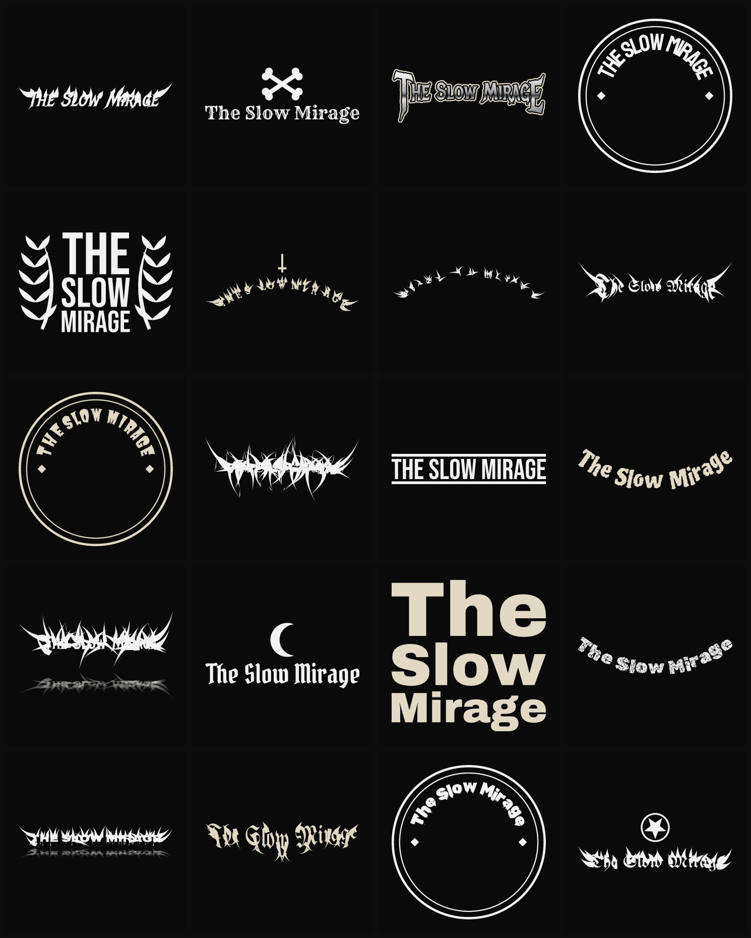 Twenty The Slow Mirage band logo ideas — different faces, treatments and spike settings