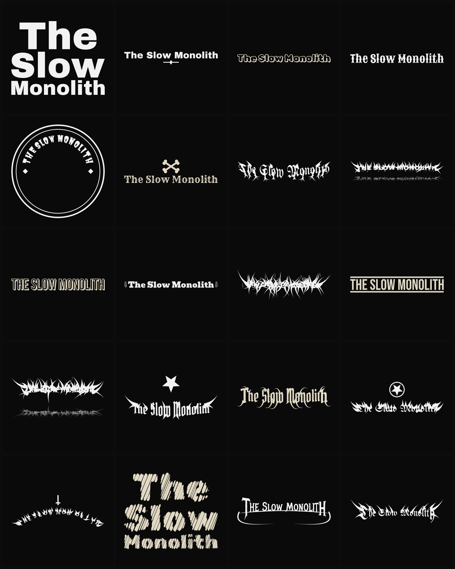 Twenty The Slow Monolith band logo ideas — different faces, treatments and spike settings