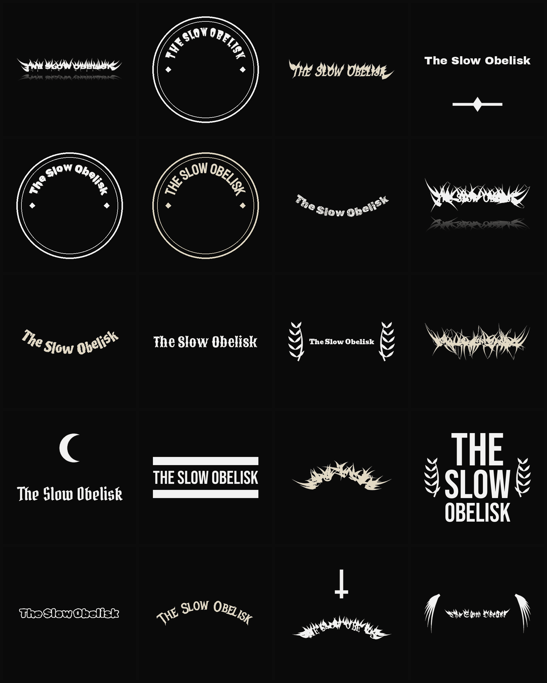Twenty The Slow Obelisk band logo ideas — different faces, treatments and spike settings
