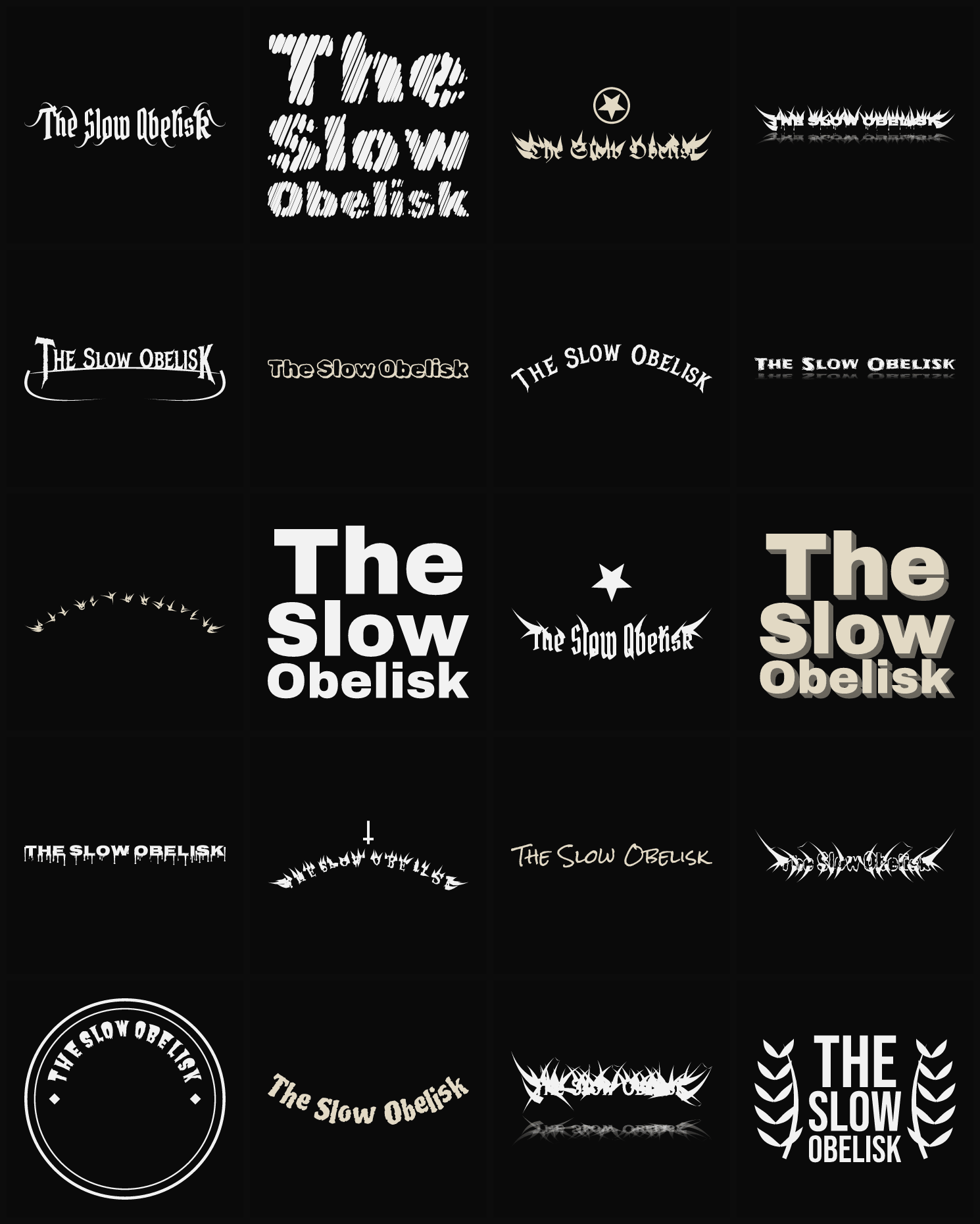 Twenty The Slow Obelisk band logo ideas — different faces, treatments and spike settings