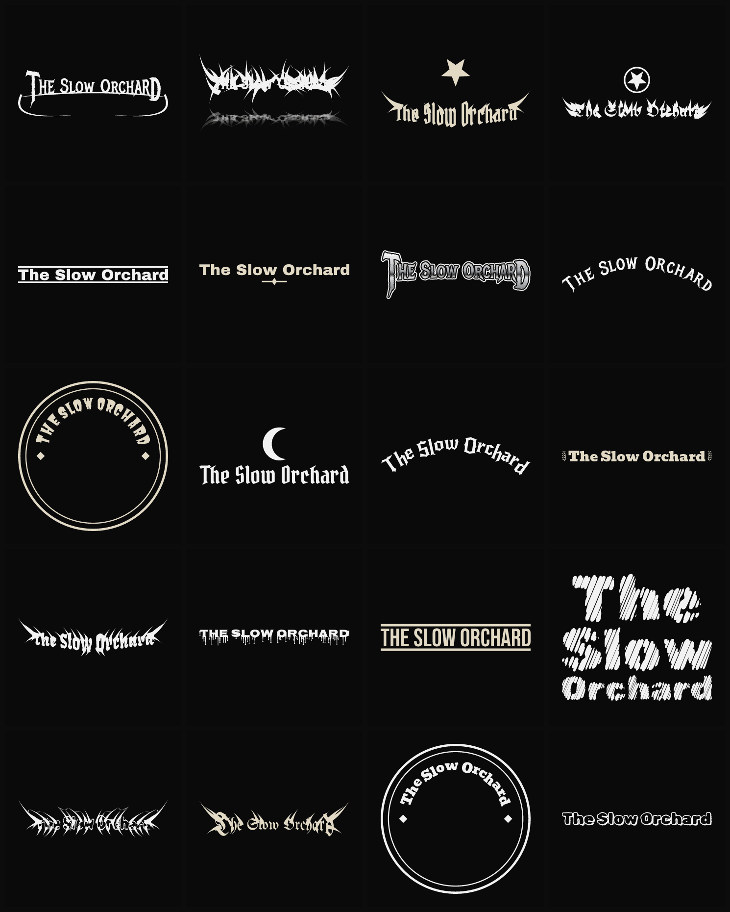 Twenty The Slow Orchard band logo ideas — different faces, treatments and spike settings