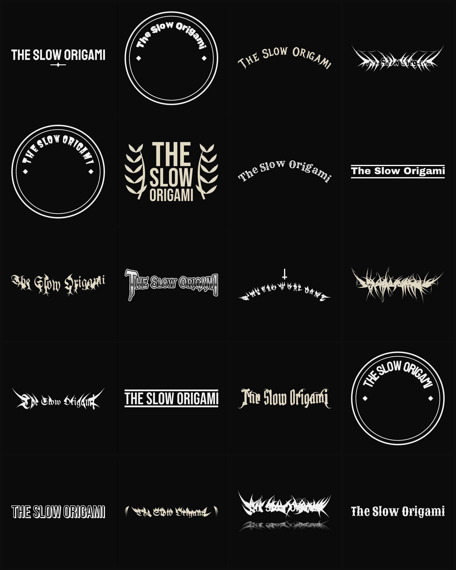 Twenty The Slow Origami band logo ideas — different faces, treatments and spike settings