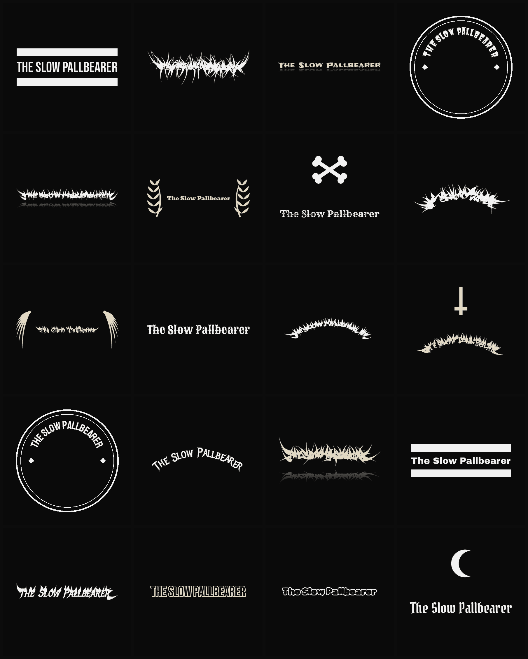 Twenty The Slow Pallbearer band logo ideas — different faces, treatments and spike settings
