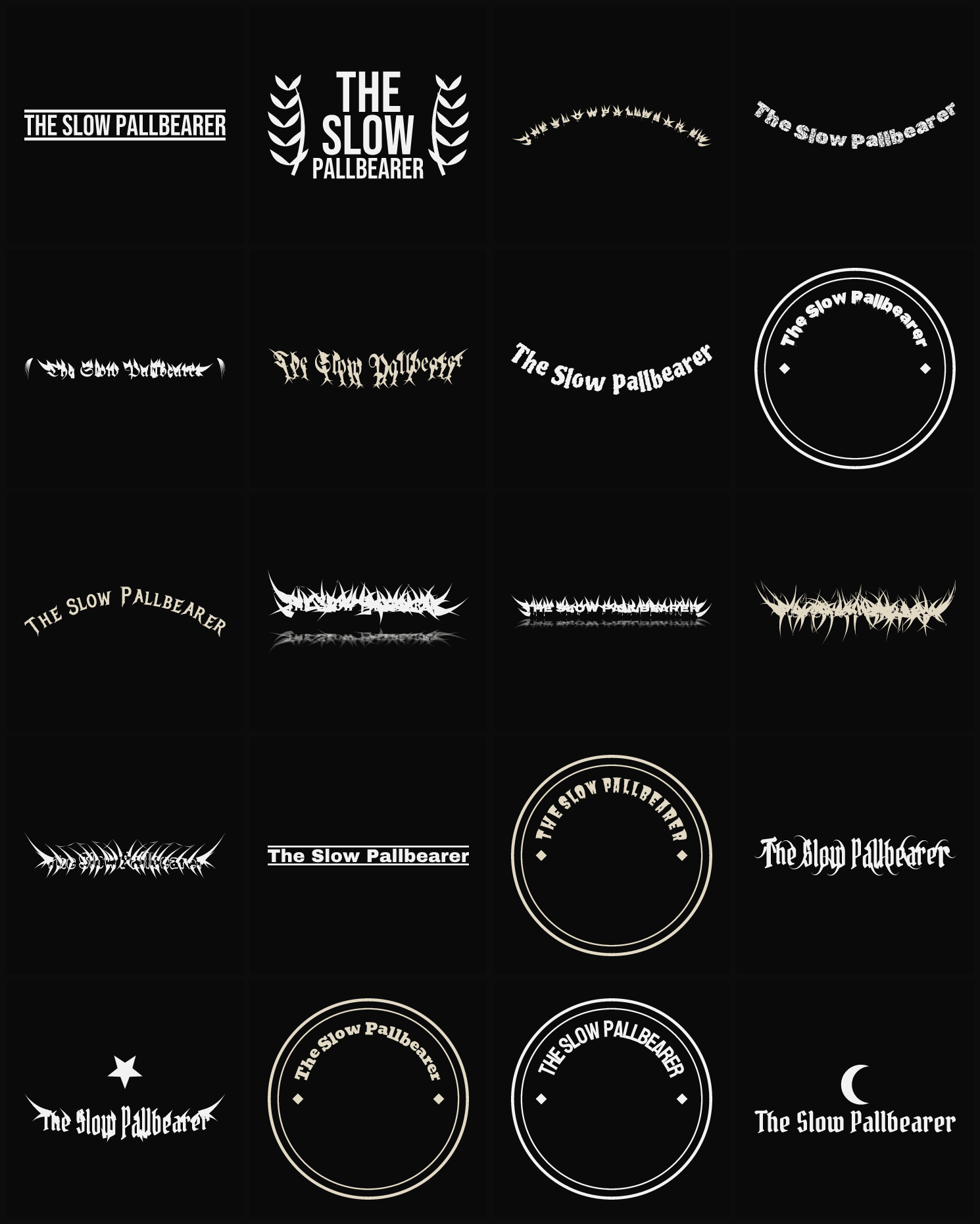 Twenty The Slow Pallbearer band logo ideas — different faces, treatments and spike settings