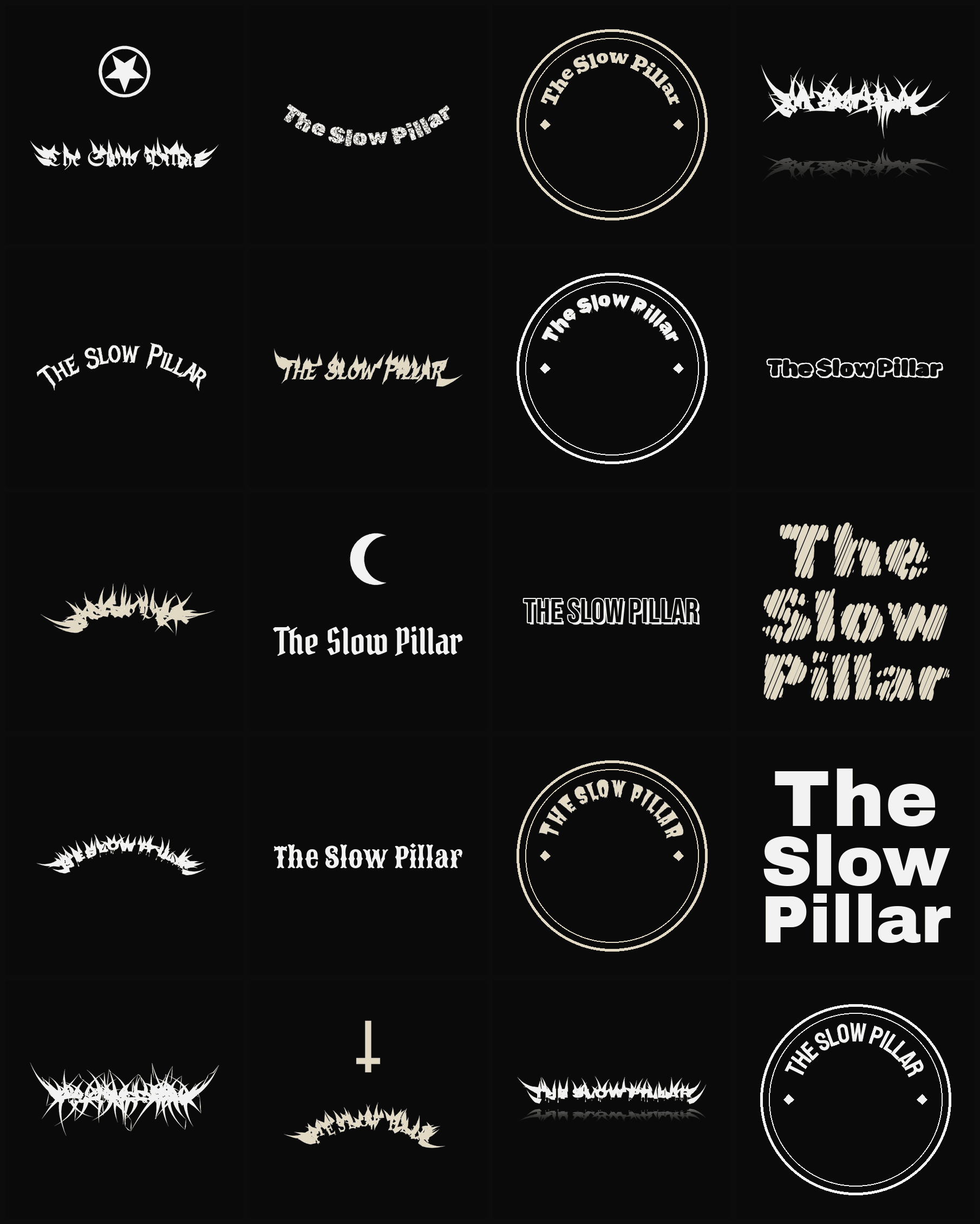 Twenty The Slow Pillar band logo ideas — different faces, treatments and spike settings
