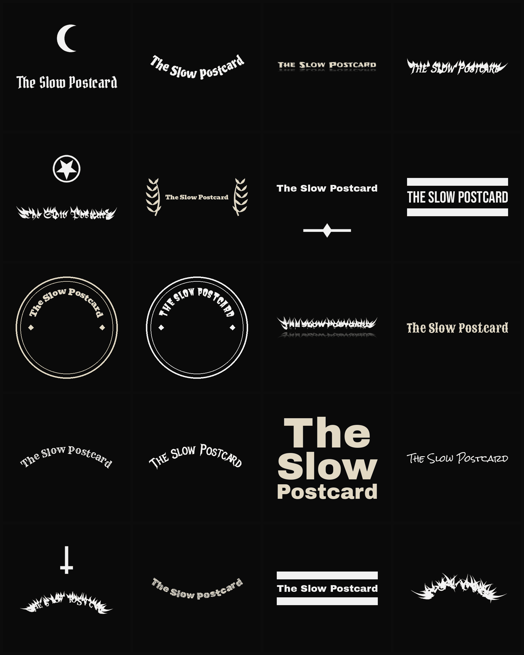 Twenty The Slow Postcard band logo ideas — different faces, treatments and spike settings