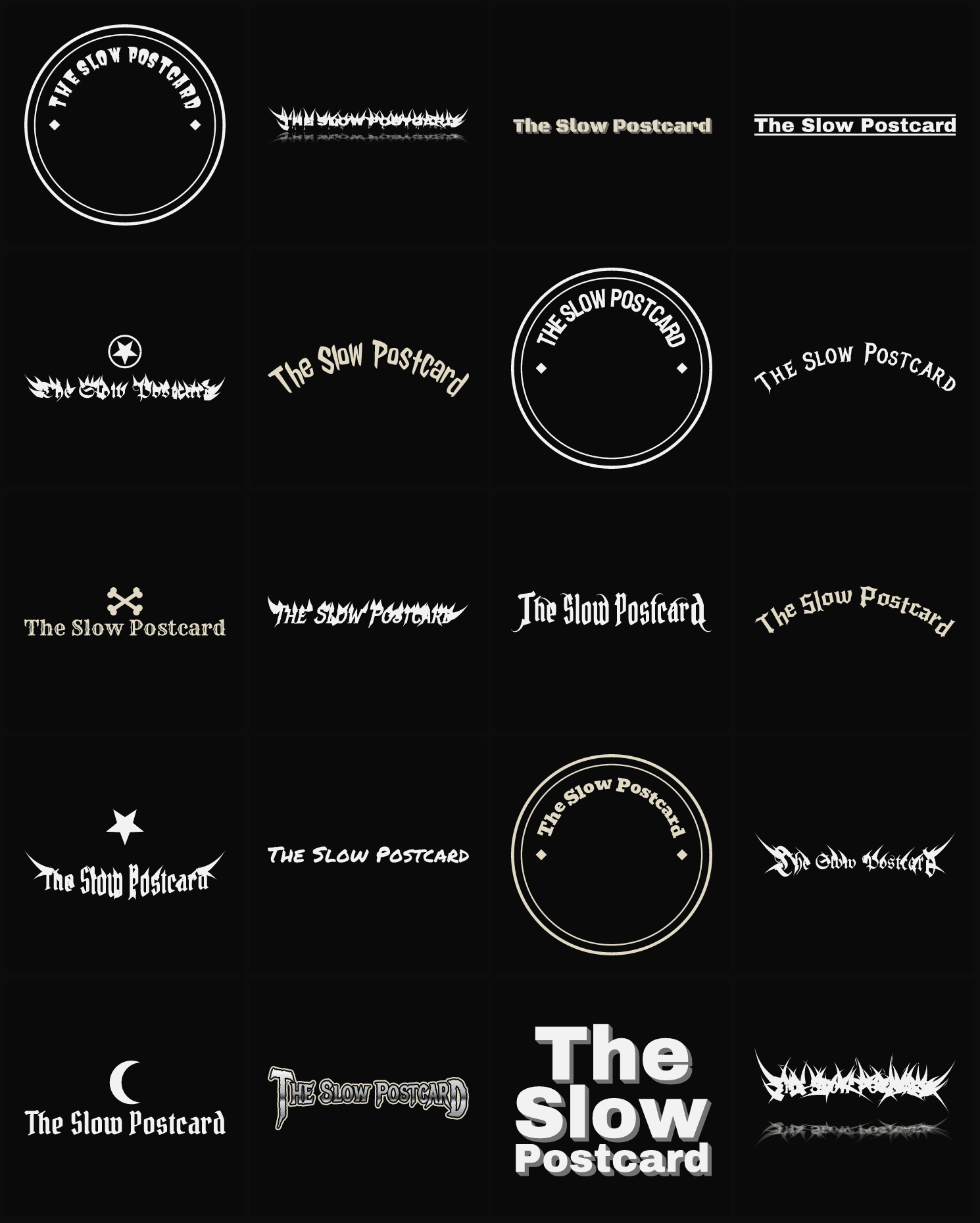 Twenty The Slow Postcard band logo ideas — different faces, treatments and spike settings