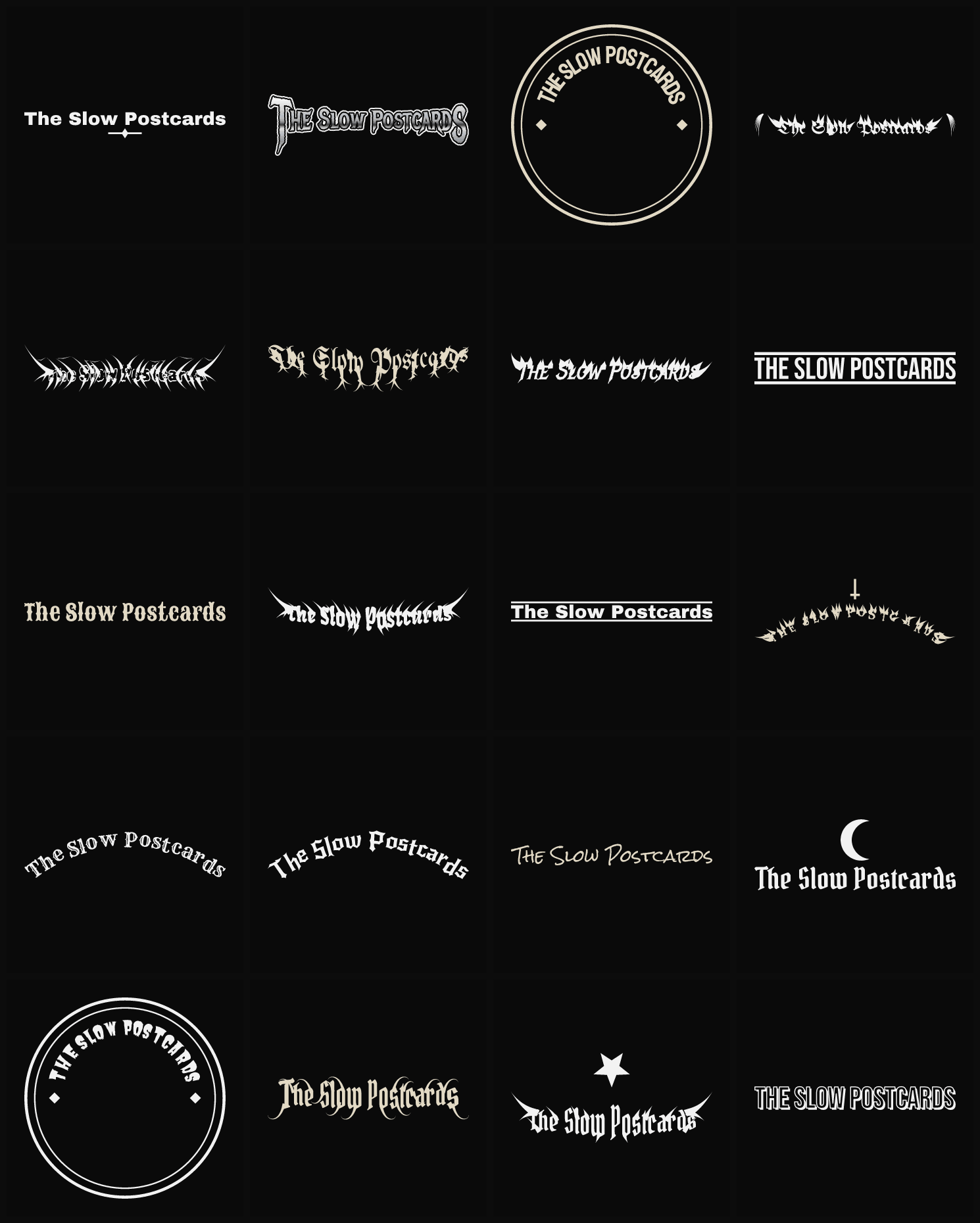Twenty The Slow Postcards band logo ideas — different faces, treatments and spike settings